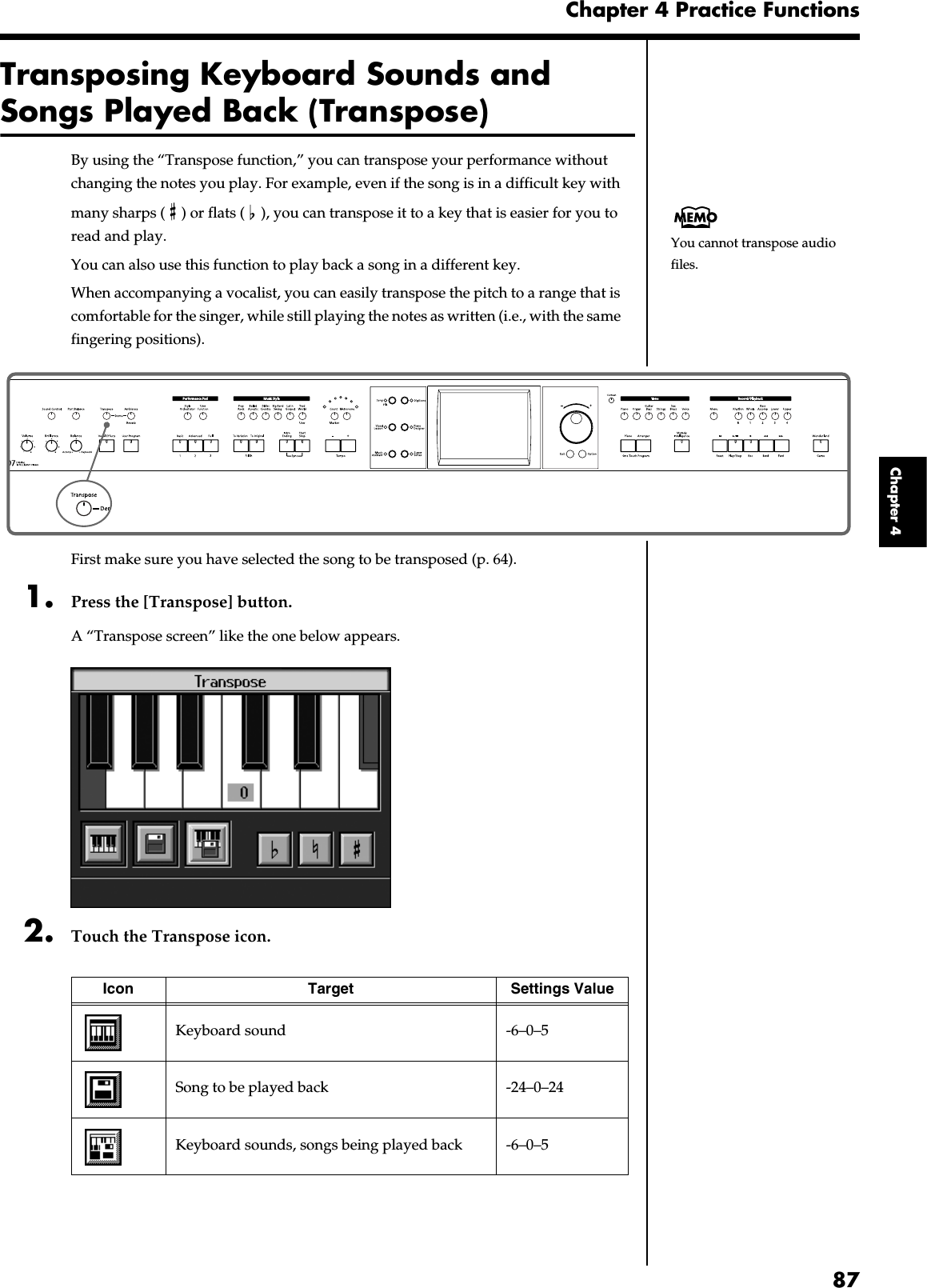 87Chapter 4 Practice FunctionsChapter 4Transposing Keyboard Sounds and Songs Played Back (Transpose)By using the “Transpose function,” you can transpose your performance without changing the notes you play. For example, even if the song is in a difficult key with many sharps ( ) or flats ( ), you can transpose it to a key that is easier for you to read and play.You can also use this function to play back a song in a different key.When accompanying a vocalist, you can easily transpose the pitch to a range that is comfortable for the singer, while still playing the notes as written (i.e., with the same fingering positions).fig.panel3-4First make sure you have selected the song to be transposed (p. 64).1. Press the [Transpose] button.A “Transpose screen” like the one below appears.fig.d-transpose.eps_602. Touch the Transpose icon.Icon Target Settings ValueKeyboard sound -6–0–5Song to be played back -24–0–24Keyboard sounds, songs being played back -6–0–5You cannot transpose audio files.