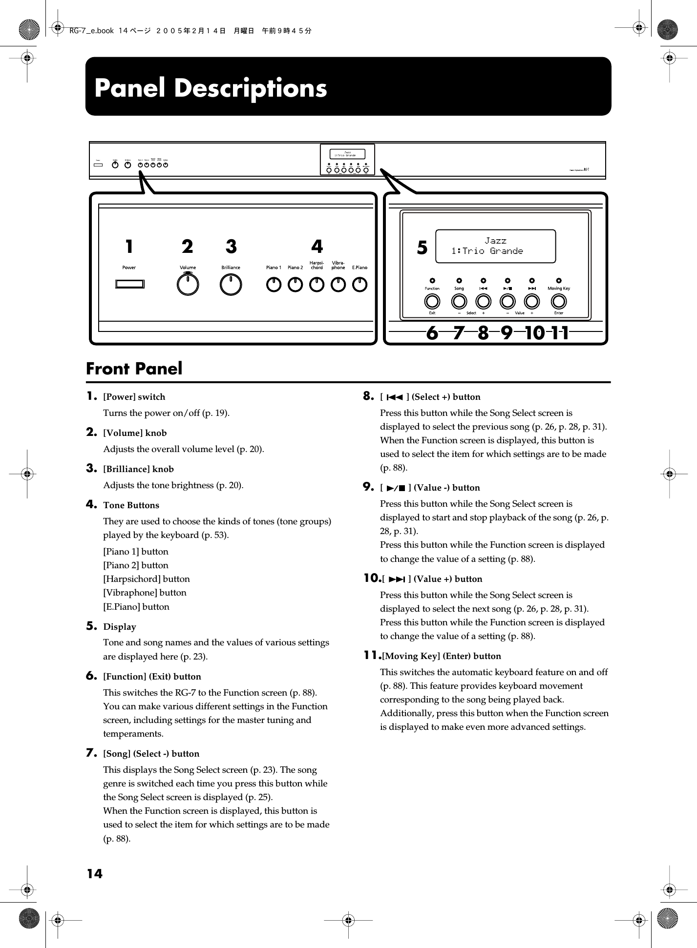  14 Panel Descriptions Front Panel 1. [Power] switch Turns the power on/off (p. 19). 2. [Volume] knob Adjusts the overall volume level (p. 20). 3. [Brilliance] knob Adjusts the tone brightness (p. 20). 4. Tone Buttons They are used to choose the kinds of tones (tone groups) played by the keyboard (p. 53).[Piano 1] button[Piano 2] button[Harpsichord] button[Vibraphone] button[E.Piano] button 5. Display Tone and song names and the values of various settings are displayed here (p. 23). 6. [Function] (Exit) button This switches the RG-7 to the Function screen (p. 88). You can make various different settings in the Function screen, including settings for the master tuning and temperaments. 7. [Song] (Select -) button This displays the Song Select screen (p. 23). The song genre is switched each time you press this button while the Song Select screen is displayed (p. 25).When the Function screen is displayed, this button is used to select the item for which settings are to be made (p. 88). 8. [] (Select +) button Press this button while the Song Select screen is displayed to select the previous song (p. 26, p. 28, p. 31).When the Function screen is displayed, this button is used to select the item for which settings are to be made (p. 88). 9. [] (Value -) button Press this button while the Song Select screen is displayed to start and stop playback of the song (p. 26, p. 28, p. 31).Press this button while the Function screen is displayed to change the value of a setting (p. 88). 10. [] (Value +) button Press this button while the Song Select screen is displayed to select the next song (p. 26, p. 28, p. 31).Press this button while the Function screen is displayed to change the value of a setting (p. 88). 11. [Moving Key] (Enter) button This switches the automatic keyboard feature on and off (p. 88). This feature provides keyboard movement corresponding to the song being played back.Additionally, press this button when the Function screen is displayed to make even more advanced settings.1523 4678910 11RG-7_e.book 14 ページ ２００５年２月１４日　月曜日　午前９時４５分