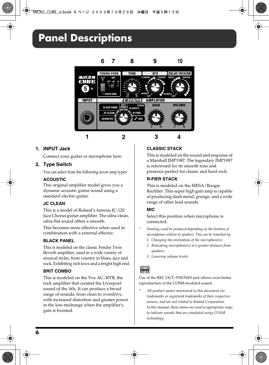 Page 6 of 12 - Roland Roland-Micro-Cube-Guitar-Amplifier-Users-Manual- MICRO_CUBE_e  Roland-micro-cube-guitar-amplifier-users-manual
