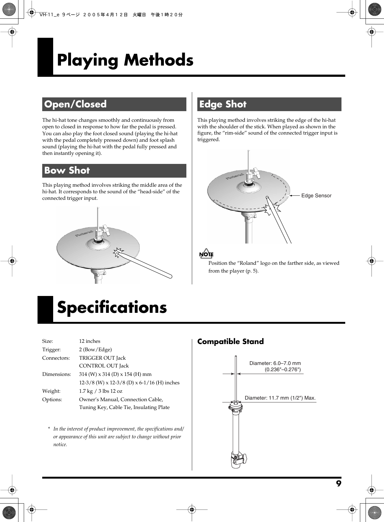 Page 9 of 12 - Roland Roland-V-Hi-Hat-Vh-11-Users-Manual- VH-11_e  Roland-v-hi-hat-vh-11-users-manual
