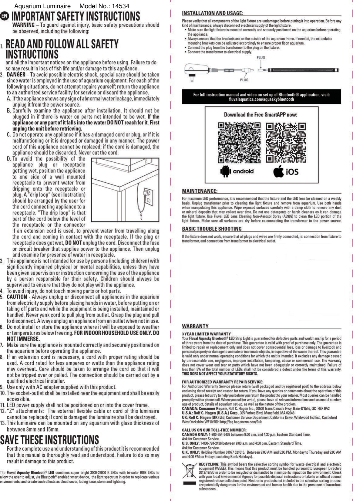 Aquarium Luminaire     Model No.: 14534