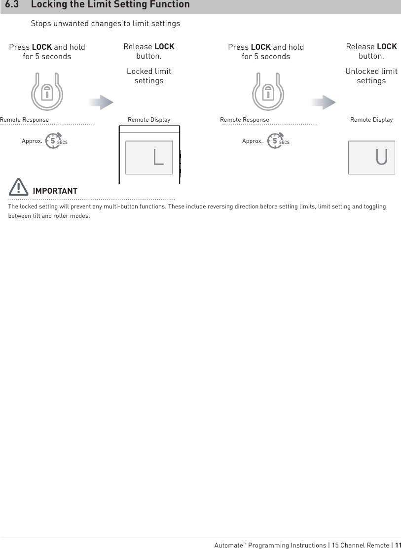   Automate™ Programming Instructions | 15 Channel Remote | 11Locking the Limit Setting Function6.3Press LOCK and hold for 5 secondsPress LOCK and hold for 5 secondsRelease LOCK button.Locked limit settingsRelease LOCK button.Unlocked limit settingsStops unwanted changes to limit settingsApprox. Approx.Remote Response Remote Display Remote DisplayRemote Response5 5The locked setting will prevent any multi-button functions. These include reversing direction before setting limits, limit setting and toggling between tilt and roller modes.IMPORTANT