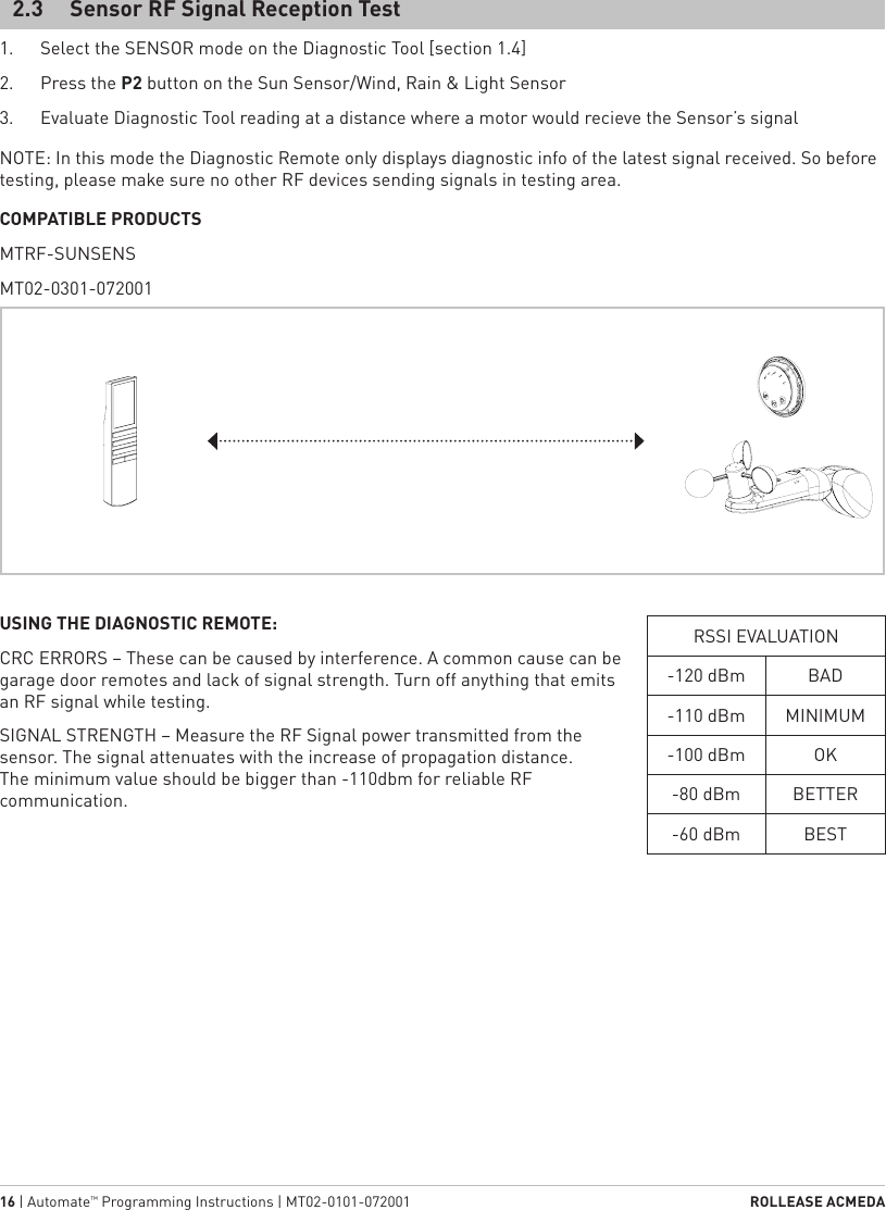 16 | Automate™ Programming Instructions | MT02-0101-072001  ROLLEASE ACMEDA1.  Select the SENSOR mode on the Diagnostic Tool [section 1.4]2.  Press the P2 button on the Sun Sensor/Wind, Rain &amp; Light Sensor3.  Evaluate Diagnostic Tool reading at a distance where a motor would recieve the Sensor’s signal2.3  Sensor RF Signal Reception TestCOMPATIBLE PRODUCTSMTRF-SUNSENSMT02-0301-072001USING THE DIAGNOSTIC REMOTE:CRC ERRORS – These can be caused by interference. A common cause can be garage door remotes and lack of signal strength. Turn off anything that emits an RF signal while testing.SIGNAL STRENGTH – Measure the RF Signal power transmitted from the sensor. The signal attenuates with the increase of propagation distance. The minimum value should be bigger than -110dbm for reliable RF communication.NOTE: In this mode the Diagnostic Remote only displays diagnostic info of the latest signal received. So before testing, please make sure no other RF devices sending signals in testing area.RSSI EVALUATION-120 dBm BAD-110 dBm MINIMUM-100 dBm OK-80 dBm BETTER-60 dBm BEST