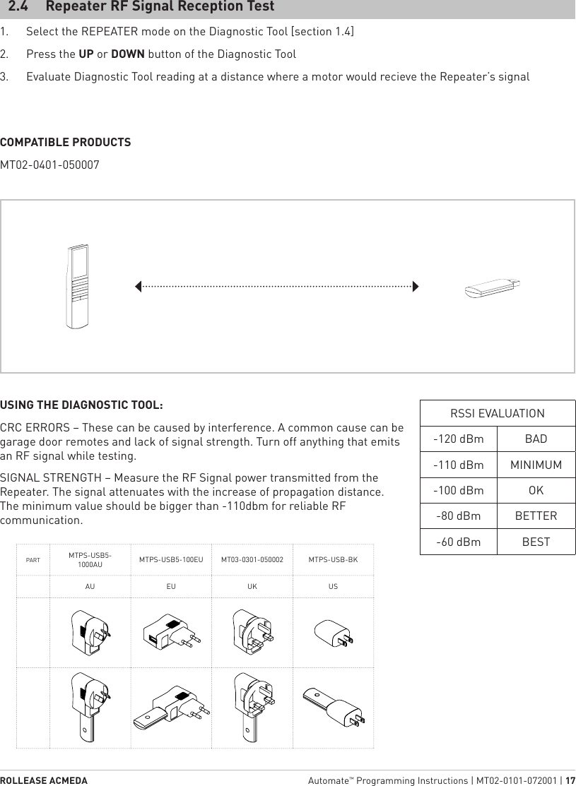 ROLLEASE ACMEDA  Automate™ Programming Instructions | MT02-0101-072001 | 172.4  Repeater RF Signal Reception TestCOMPATIBLE PRODUCTSMT02-0401-050007USING THE DIAGNOSTIC TOOL:CRC ERRORS – These can be caused by interference. A common cause can be garage door remotes and lack of signal strength. Turn off anything that emits an RF signal while testing.SIGNAL STRENGTH – Measure the RF Signal power transmitted from the Repeater. The signal attenuates with the increase of propagation distance. The minimum value should be bigger than -110dbm for reliable RF communication.1.  Select the REPEATER mode on the Diagnostic Tool [section 1.4]2.  Press the UP or DOWN button of the Diagnostic Tool3.  Evaluate Diagnostic Tool reading at a distance where a motor would recieve the Repeater’s signalRSSI EVALUATION-120 dBm BAD-110 dBm MINIMUM-100 dBm OK-80 dBm BETTER-60 dBm BESTPART MTPS-USB5-1000AU MTPS-USB5-100EU MT03-0301-050002 MTPS-USB-BKAU EU UK US 40m/131ft   40m/131ft  OR 40m/131ft   40m/131ft  OR 40m/131ft   40m/131ft  OR 40m/131ft   40m/131ft  OR 40m/131ft   40m/131ft  OR 40m/131ft   40m/131ft  OR 40m/131ft   40m/131ft  OR 40m/131ft   40m/131ft  OR