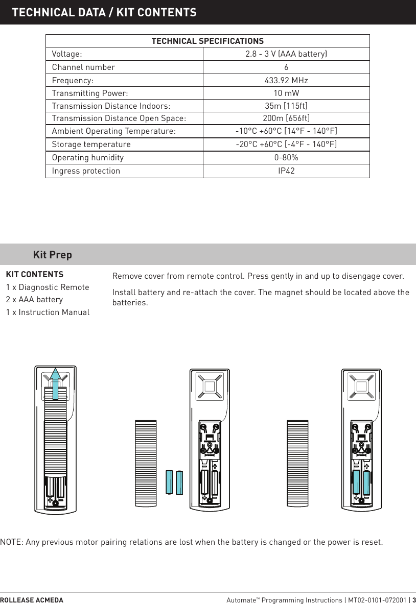 ROLLEASE ACMEDA  Automate™ Programming Instructions | MT02-0101-072001 | 31  STATIC TITLETECHNICAL DATA / KIT CONTENTSKIT CONTENTS1 x Diagnostic Remote2 x AAA battery1 x Instruction ManualTECHNICAL SPECIFICATIONSVoltage: 2.8 - 3 V (AAA battery)Channel number 6Frequency: 433.92 MHzTransmitting Power: 10 mWTransmission Distance Indoors: 35m [115ft]Transmission Distance Open Space: 200m [656ft]Ambient Operating Temperature: -10°C +60°C [14°F - 140°F]Storage temperature -20°C +60°C [-4°F - 140°F]Operating humidity 0-80%Ingress protection IP42  Kit PrepRemove cover from remote control. Press gently in and up to disengage cover.Install battery and re-attach the cover. The magnet should be located above the batteries.  NOTE: Any previous motor pairing relations are lost when the battery is changed or the power is reset.