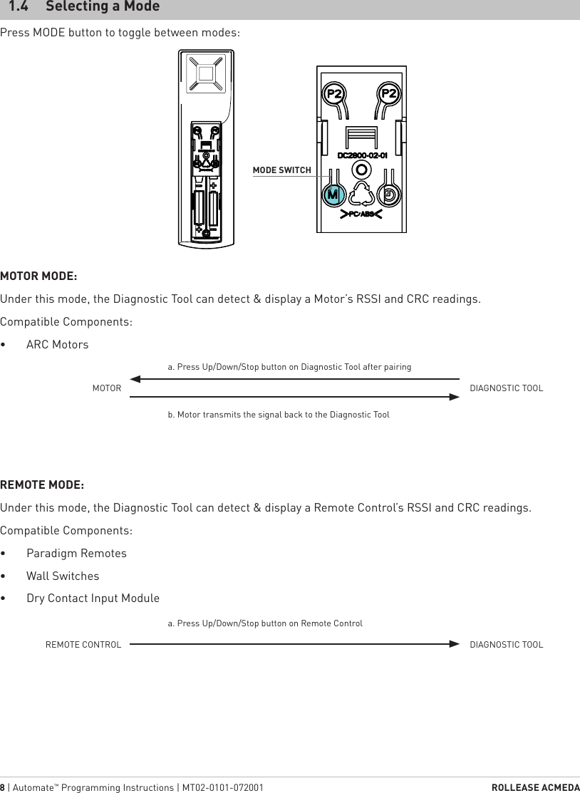 8 | Automate™ Programming Instructions | MT02-0101-072001  ROLLEASE ACMEDAPress MODE button to toggle between modes:MOTOR MODE:Under this mode, the Diagnostic Tool can detect &amp; display a Motor’s RSSI and CRC readings.Compatible Components:•  ARC MotorsMOTORREMOTE CONTROLDIAGNOSTIC TOOLDIAGNOSTIC TOOLa. Press Up/Down/Stop button on Diagnostic Tool after pairinga. Press Up/Down/Stop button on Remote Controlb. Motor transmits the signal back to the Diagnostic ToolREMOTE MODE:Under this mode, the Diagnostic Tool can detect &amp; display a Remote Control’s RSSI and CRC readings.Compatible Components:•  Paradigm Remotes•  Wall Switches•  Dry Contact Input Module1.4  Selecting a ModeMODE SWITCH