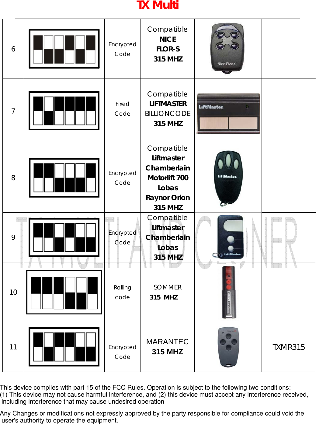 TX Multi 6  Encrypted Code Compatible NICE FLOR-S 315 MHZ    7    Fixed Code  Compatible LIFTMASTER BILLIONCODE 315 MHZ    8  Encrypted Code Compatible Liftmaster Chamberlain Motorlift 700 Lobas Raynor Orion 315 MHZ    9  Encrypted Code Compatible Liftmaster Chamberlain Lobas 315 MHZ   10  Rolling code  SOMMER  315  MHZ     11  Encrypted Code MARANTEC 315 MHZ    TXMR315 This device complies with part 15 of the FCC Rules. Operation is subject to the following two conditions: (1) This device may not cause harmful interference, and (2) this device must accept any interference received, including interference that may cause undesired operationAny Changes or modifications not expressly approved by the party responsible for compliance could void the user's authority to operate the equipment.