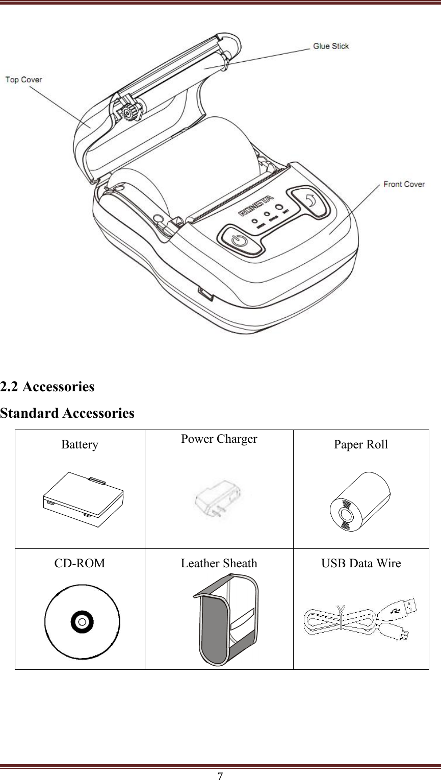 72.2 AccessoriesStandard AccessoriesBattery Power Charger Paper RollCD-ROM Leather Sheath USB Data Wire