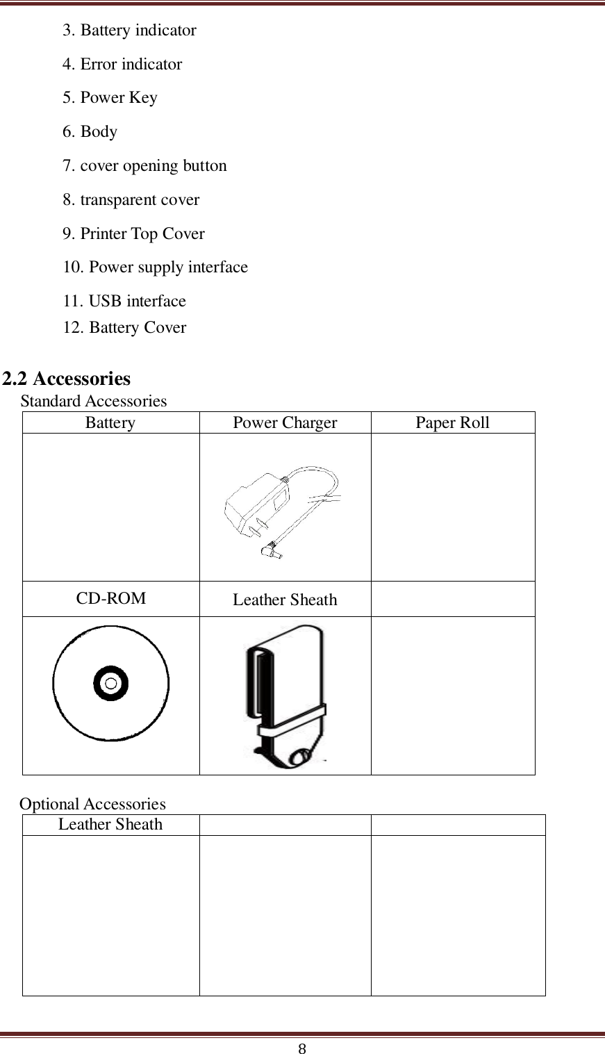  8 3. Battery indicator 4. Error indicator 5. Power Key 6. Body 7. cover opening button 8. transparent cover 9. Printer Top Cover 10. Power supply interface 11. USB interface 12. Battery Cover  2.2 Accessories   Standard Accessories                   Optional Accessories Leather Sheath              Battery  Power Charger  Paper Roll      CD-ROM  Leather Sheath      