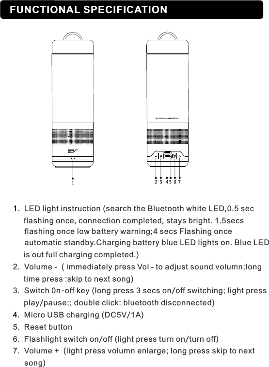 FUNCTIONAL SPECIFICATION1.  4.  LED light instruction (search the Bluetooth white LED,0.5 sec     flashing once, connection completed stays bright. 1.5secs      flashing once low battery warning;4 secs Flashing once      automatic standby.Charging battery blue LED lights on. Blue LED     is out full charging completed.)2.  Volume -  ( immediately press Vol - to adjust sound volumn;long     time press :skip to next song)3.  Switch 0n-off key (long press 3 secs on/off switching; light press     play/pause;; double click: bluetooth disconnected)Micro USB charging (DC5V/1A)5.  Reset button6.  Flashlight switch on/off (light press turn on/turn off)7.  Volume +  (light press volumn enlarge; long press skip to next      song), 