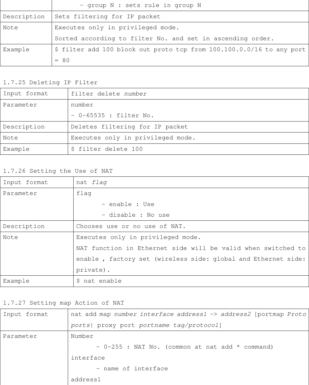  - group N : sets rule in group N Description Sets filtering for IP packet Note Executes only in privileged mode. Sorted according to filter No. and set in ascending order. Example $ filter add 100 block out proto tcp from 100.100.0.0/16 to any port = 80  1.7.25 Deleting IP Filter Input format filter delete number Parameter number - 0-65535 : filter No. Description Deletes filtering for IP packet Note Executes only in privileged mode. Example $ filter delete 100  1.7.26 Setting the Use of NAT Input format nat flag Parameter flag  - enable : Use  - disable : No use Description Chooses use or no use of NAT. Note Executes only in privileged mode.  NAT function in Ethernet side will be valid when switched to enable , factory set (wireless side: global and Ethernet side: private). Example $ nat enable  1.7.27 Setting map Action of NAT Input format nat add map number interface address1 -&gt; address2 [portmap Proto ports| proxy port portname tag/protocol] Parameter Number  - 0-255 : NAT No. (common at nat add * command) interface         - name of interface  address1 