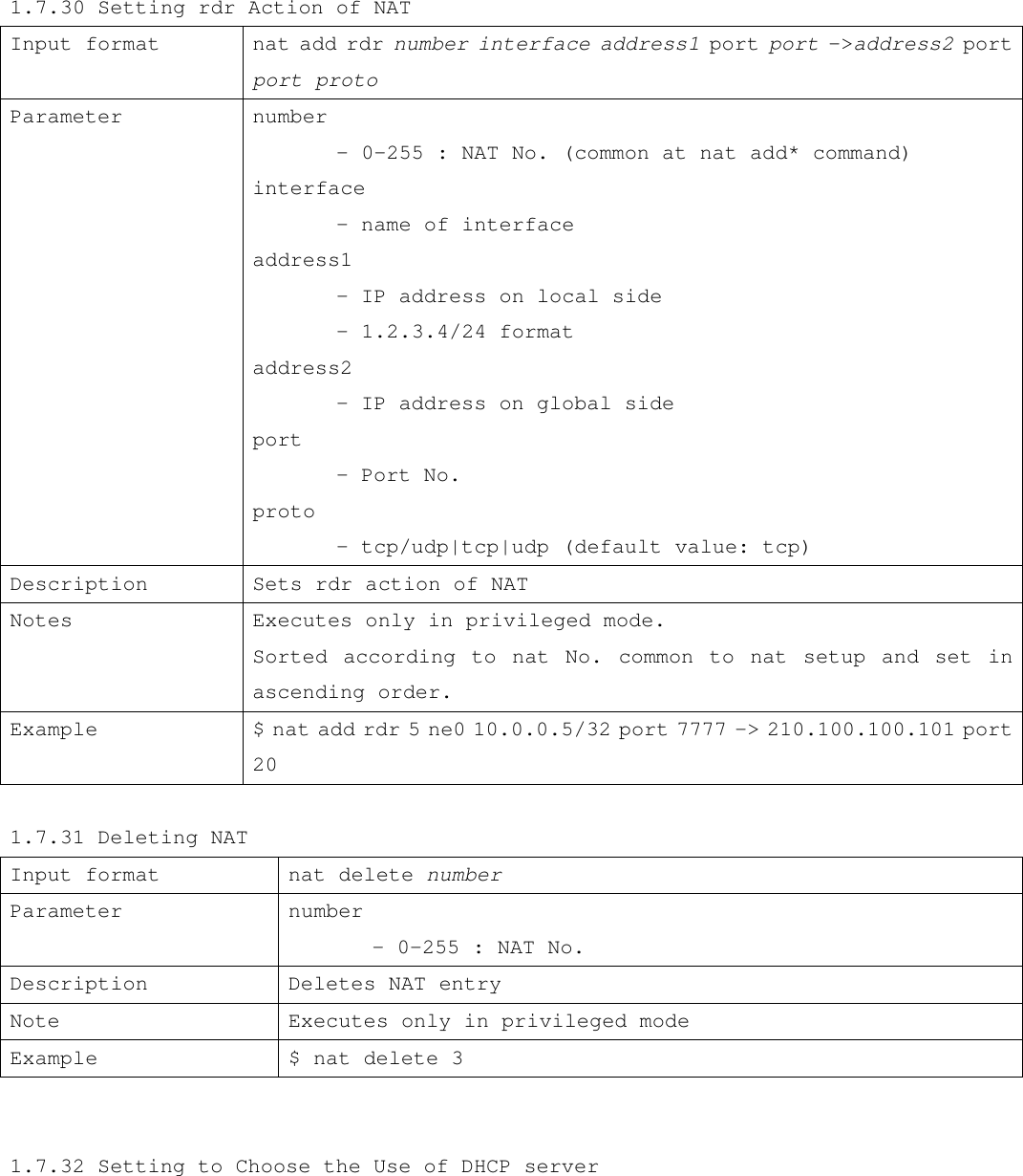    1.7.30 Setting rdr Action of NAT Input format nat add rdr number interface address1 port port -&gt;address2 port port proto Parameter            number  - 0-255 : NAT No. (common at nat add* command) interface  - name of interface address1  - IP address on local side  - 1.2.3.4/24 format address2  - IP address on global side port  - Port No. proto  - tcp/udp|tcp|udp (default value: tcp) Description Sets rdr action of NAT Notes Executes only in privileged mode. Sorted according to nat No. common to nat setup and set in ascending order. Example $ nat add rdr 5 ne0 10.0.0.5/32 port 7777 -&gt; 210.100.100.101 port 20  1.7.31 Deleting NAT Input format nat delete number Parameter             number  - 0-255 : NAT No. Description Deletes NAT entry Note Executes only in privileged mode Example $ nat delete 3   1.7.32 Setting to Choose the Use of DHCP server  