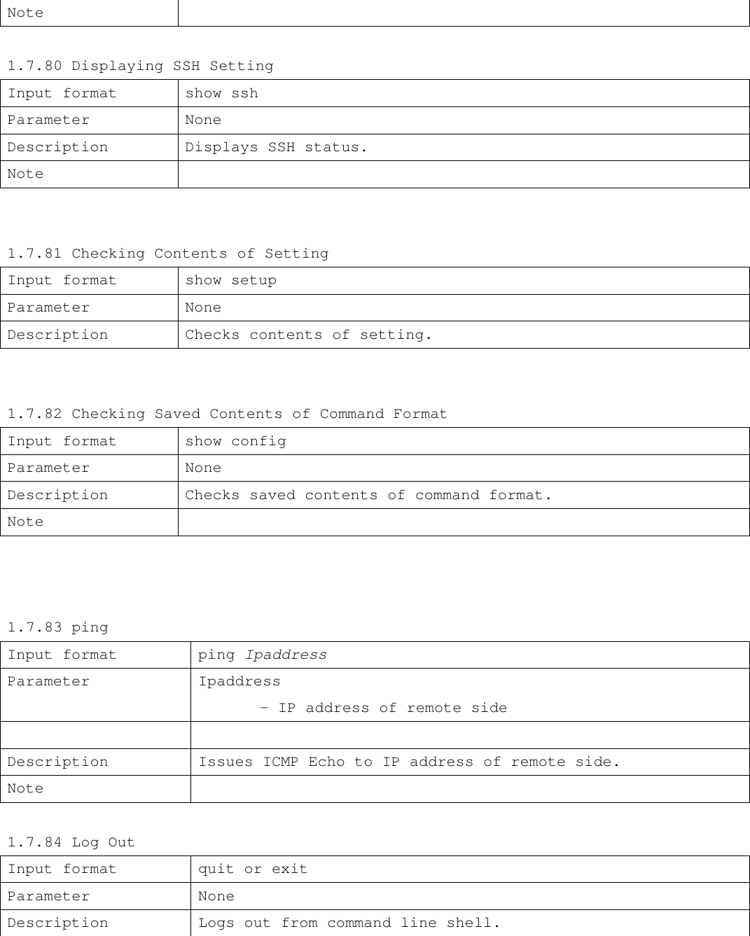 Note    1.7.80 Displaying SSH Setting Input format show ssh Parameter  None Description  Displays SSH status. Note     1.7.81 Checking Contents of Setting Input format show setup Parameter None Description  Checks contents of setting.   1.7.82 Checking Saved Contents of Command Format Input format show config Parameter None Description  Checks saved contents of command format. Note      1.7.83 ping Input format ping Ipaddress Parameter  Ipaddress  - IP address of remote side                          Description Issues ICMP Echo to IP address of remote side. Note    1.7.84 Log Out Input format quit or exit Parameter None Description Logs out from command line shell. 