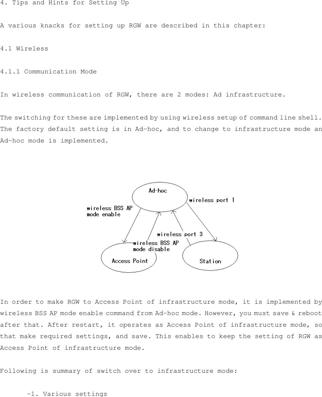  4. Tips and Hints for Setting Up  A various knacks for setting up RGW are described in this chapter:  4.1 Wireless  4.1.1 Communication Mode  In wireless communication of RGW, there are 2 modes: Ad infrastructure.  The switching for these are implemented by using wireless setup of command line shell. The factory default setting is in Ad-hoc, and to change to infrastructure mode an Ad-hoc mode is implemented.   In order to make RGW to Access Point of infrastructure mode, it is implemented by wireless BSS AP mode enable command from Ad-hoc mode. However, you must save &amp; reboot after that. After restart, it operates as Access Point of infrastructure mode, so that make required settings, and save. This enables to keep the setting of RGW as Access Point of infrastructure mode.  Following is summary of switch over to infrastructure mode:   -1. Various settings 