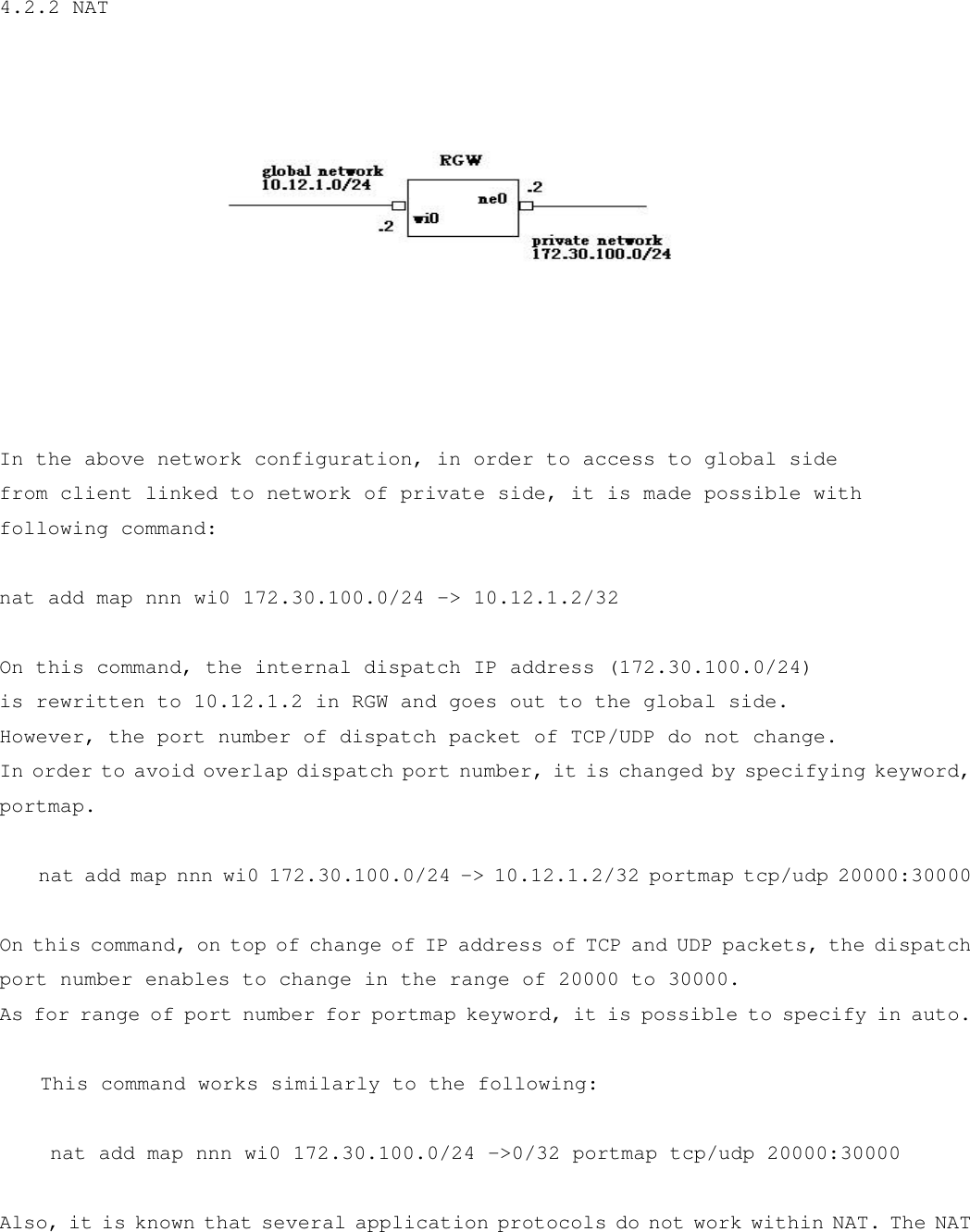 4.2.2 NAT              In the above network configuration, in order to access to global side from client linked to network of private side, it is made possible with following command:  nat add map nnn wi0 172.30.100.0/24 -&gt; 10.12.1.2/32  On this command, the internal dispatch IP address (172.30.100.0/24) is rewritten to 10.12.1.2 in RGW and goes out to the global side. However, the port number of dispatch packet of TCP/UDP do not change. In order to avoid overlap dispatch port number, it is changed by specifying keyword, portmap.      nat add map nnn wi0 172.30.100.0/24 -&gt; 10.12.1.2/32 portmap tcp/udp 20000:30000  On this command, on top of change of IP address of TCP and UDP packets, the dispatch port number enables to change in the range of 20000 to 30000. As for range of port number for portmap keyword, it is possible to specify in auto.      This command works similarly to the following:       nat add map nnn wi0 172.30.100.0/24 -&gt;0/32 portmap tcp/udp 20000:30000  Also, it is known that several application protocols do not work within NAT. The NAT 