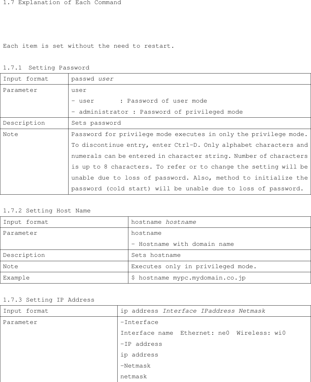  1.7 Explanation of Each Command    Each item is set without the need to restart.  1.7.1  Setting Password Input format passwd user Parameter user - user        : Password of user mode   - administrator : Password of privileged mode Description Sets password Note Password for privilege mode executes in only the privilege mode. To discontinue entry, enter Ctrl-D. Only alphabet characters and numerals can be entered in character string. Number of characters is up to 8 characters. To refer or to change the setting will be unable due to loss of password. Also, method to initialize the password (cold start) will be unable due to loss of password.  1.7.2 Setting Host Name  Input format hostname hostname Parameter hostname - Hostname with domain name Description Sets hostname Note Executes only in privileged mode. Example $ hostname mypc.mydomain.co.jp  1.7.3 Setting IP Address Input format ip address Interface IPaddress Netmask Parameter -Interface  Interface name  Ethernet: ne0  Wireless: wi0  -IP address ip address -Netmask netmask 