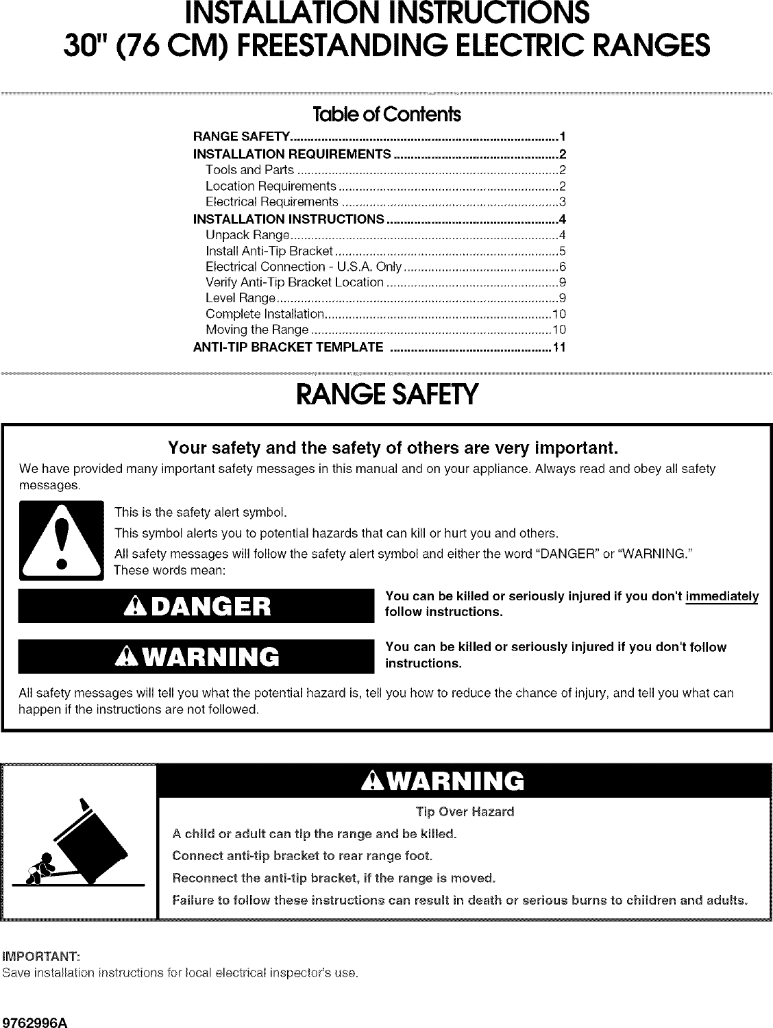 Page 1 of 12 - Roper FEP310KW5 User Manual  FREE STANDING ELECTRIC RANGE - Manuals And Guides L0704147