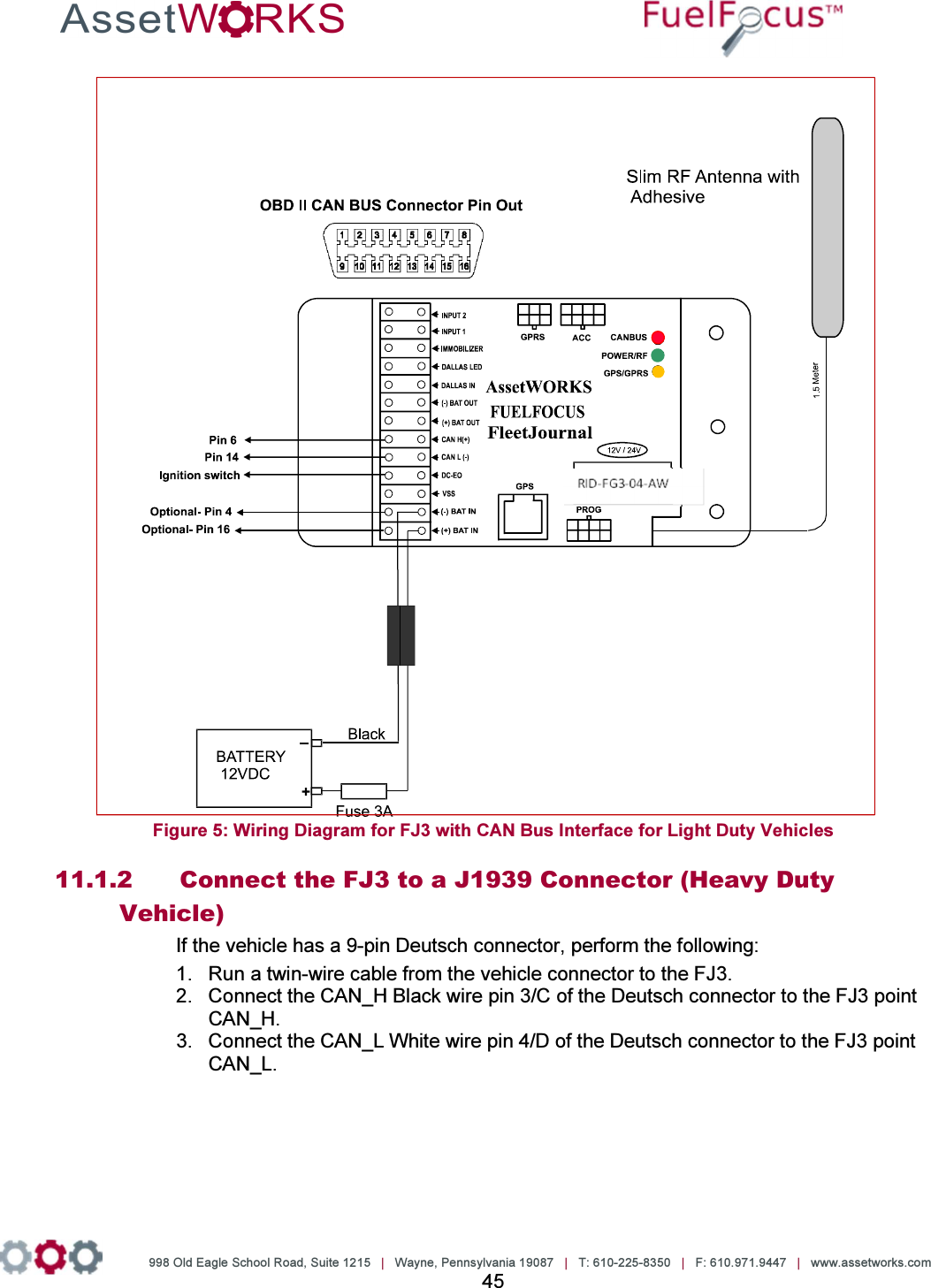                     998 Old Eagle School Road, Suite 1215   |   Wayne, Pennsylvania 19087   |   T: 610-225-8350   |   F: 610.971.9447   |   www.assetworks.com 45   Figure 5: Wiring Diagram for FJ3 with CAN Bus Interface for Light Duty Vehicles 11.1.2    Connect the FJ3 to a J1939 Connector (Heavy Duty Vehicle) If the vehicle has a 9-pin Deutsch connector, perform the following: 1.  Run a twin-wire cable from the vehicle connector to the FJ3. 2.  Connect the CAN_H Black wire pin 3/C of the Deutsch connector to the FJ3 point CAN_H. 3.  Connect the CAN_L White wire pin 4/D of the Deutsch connector to the FJ3 point CAN_L.   