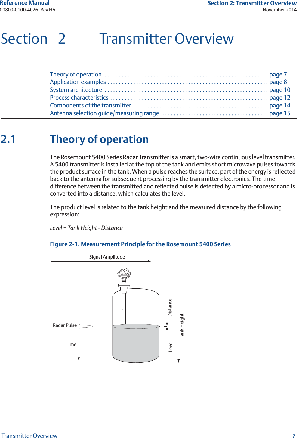 7Reference Manual 00809-0100-4026, Rev HASection 2: Transmitter OverviewNovember 2014Transmitter OverviewSection 2 Transmitter OverviewTheory of operation  . . . . . . . . . . . . . . . . . . . . . . . . . . . . . . . . . . . . . . . . . . . . . . . . . . . . . . . . . page 7Application examples . . . . . . . . . . . . . . . . . . . . . . . . . . . . . . . . . . . . . . . . . . . . . . . . . . . . . . . . page 8System architecture  . . . . . . . . . . . . . . . . . . . . . . . . . . . . . . . . . . . . . . . . . . . . . . . . . . . . . . . . . page 10Process characteristics . . . . . . . . . . . . . . . . . . . . . . . . . . . . . . . . . . . . . . . . . . . . . . . . . . . . . . . page 12Components of the transmitter  . . . . . . . . . . . . . . . . . . . . . . . . . . . . . . . . . . . . . . . . . . . . . . . page 14Antenna selection guide/measuring range   . . . . . . . . . . . . . . . . . . . . . . . . . . . . . . . . . . . . . page 152.1 Theory of operationThe Rosemount 5400 Series Radar Transmitter is a smart, two-wire continuous level transmitter. A 5400 transmitter is installed at the top of the tank and emits short microwave pulses towards the product surface in the tank. When a pulse reaches the surface, part of the energy is reflected back to the antenna for subsequent processing by the transmitter electronics. The time difference between the transmitted and reflected pulse is detected by a micro-processor and is converted into a distance, which calculates the level.The product level is related to the tank height and the measured distance by the following expression:Level = Tank Height - DistanceFigure 2-1. Measurement Principle for the Rosemount 5400 SeriesTimeLevel DistanceTank HeightSignal AmplitudeRadar Pulse