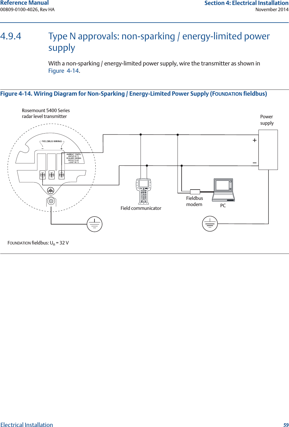 59Reference Manual 00809-0100-4026, Rev HASection 4: Electrical InstallationNovember 2014Electrical Installation4.9.4 Type N approvals: non-sparking / energy-limited power supplyWith a non-sparking / energy-limited power supply, wire the transmitter as shown in Figure 4-14.Figure 4-14. Wiring Diagram for Non-Sparking / Energy-Limited Power Supply (FOUNDATION fieldbus) Rosemount 5400 Series radar level transmitterFOUNDATION fieldbus: Un = 32 VPowersupplyPCField communicatorFieldbusmodem