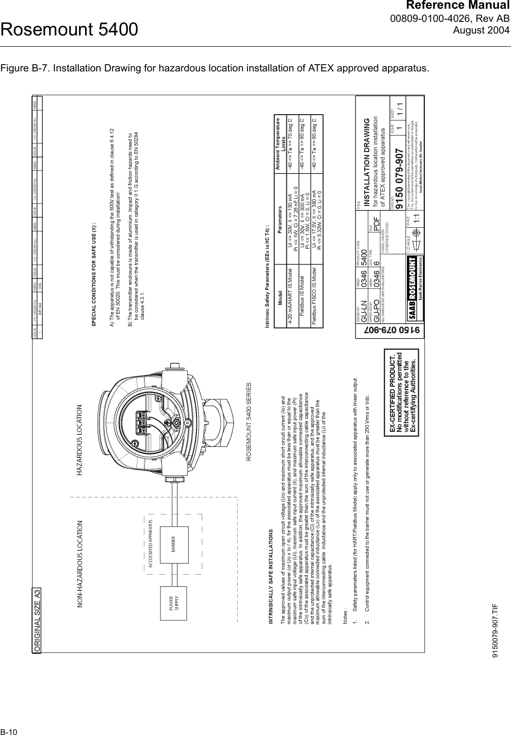 Reference Manual00809-0100-4026, Rev ABAugust 2004Rosemount 5400B-10Figure B-7. Installation Drawing for hazardous location installation of ATEX approved apparatus.9150079-907.TIF