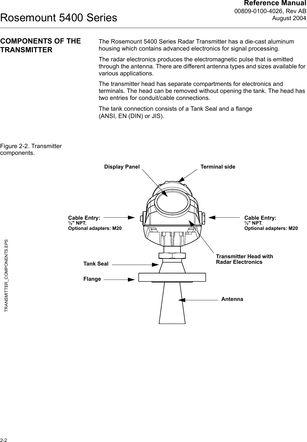 Reference Manual00809-0100-4026, Rev ABAugust 2004Rosemount 5400 Series2-2COMPONENTS OF THE TRANSMITTERThe Rosemount 5400 Series Radar Transmitter has a die-cast aluminum housing which contains advanced electronics for signal processing. The radar electronics produces the electromagnetic pulse that is emitted through the antenna. There are different antenna types and sizes available for various applications. The transmitter head has separate compartments for electronics and terminals. The head can be removed without opening the tank. The head has two entries for conduit/cable connections.The tank connection consists of a Tank Seal and a flange (ANSI, EN (DIN) or JIS). Figure 2-2. Transmitter components.Cable Entry:½&quot; NPT.Optional adapters: M20TRANSMITTER_COMPONENTS.EPSTransmitter Head with Radar ElectronicsAntennaDisplay Panel Terminal sideCable Entry:½&quot; NPT.Optional adapters: M20FlangeTank Seal