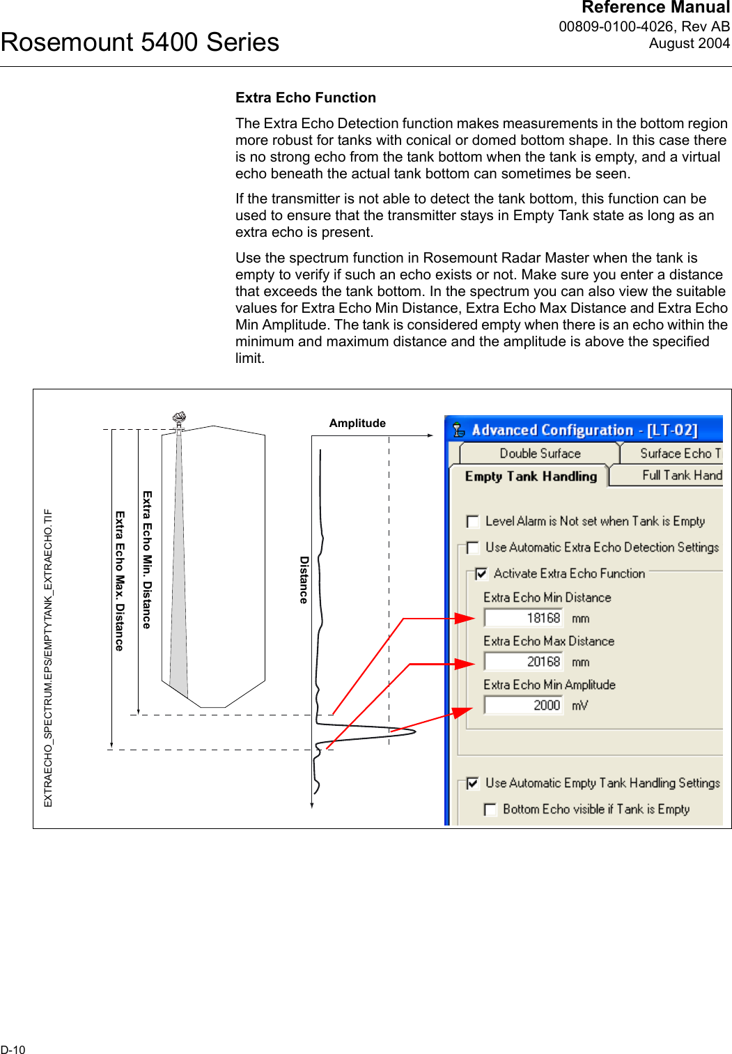 Reference Manual00809-0100-4026, Rev ABAugust 2004Rosemount 5400 SeriesD-10Extra Echo FunctionThe Extra Echo Detection function makes measurements in the bottom region more robust for tanks with conical or domed bottom shape. In this case there is no strong echo from the tank bottom when the tank is empty, and a virtual echo beneath the actual tank bottom can sometimes be seen.If the transmitter is not able to detect the tank bottom, this function can be used to ensure that the transmitter stays in Empty Tank state as long as an extra echo is present.Use the spectrum function in Rosemount Radar Master when the tank is empty to verify if such an echo exists or not. Make sure you enter a distance that exceeds the tank bottom. In the spectrum you can also view the suitable values for Extra Echo Min Distance, Extra Echo Max Distance and Extra Echo Min Amplitude. The tank is considered empty when there is an echo within the minimum and maximum distance and the amplitude is above the specified limit.EXTRAECHO_SPECTRUM.EPS/EMPTYTANK_EXTRAECHO.TIFAmplitudeDistanceExtra Echo Min. DistanceExtra Echo Max. Distance