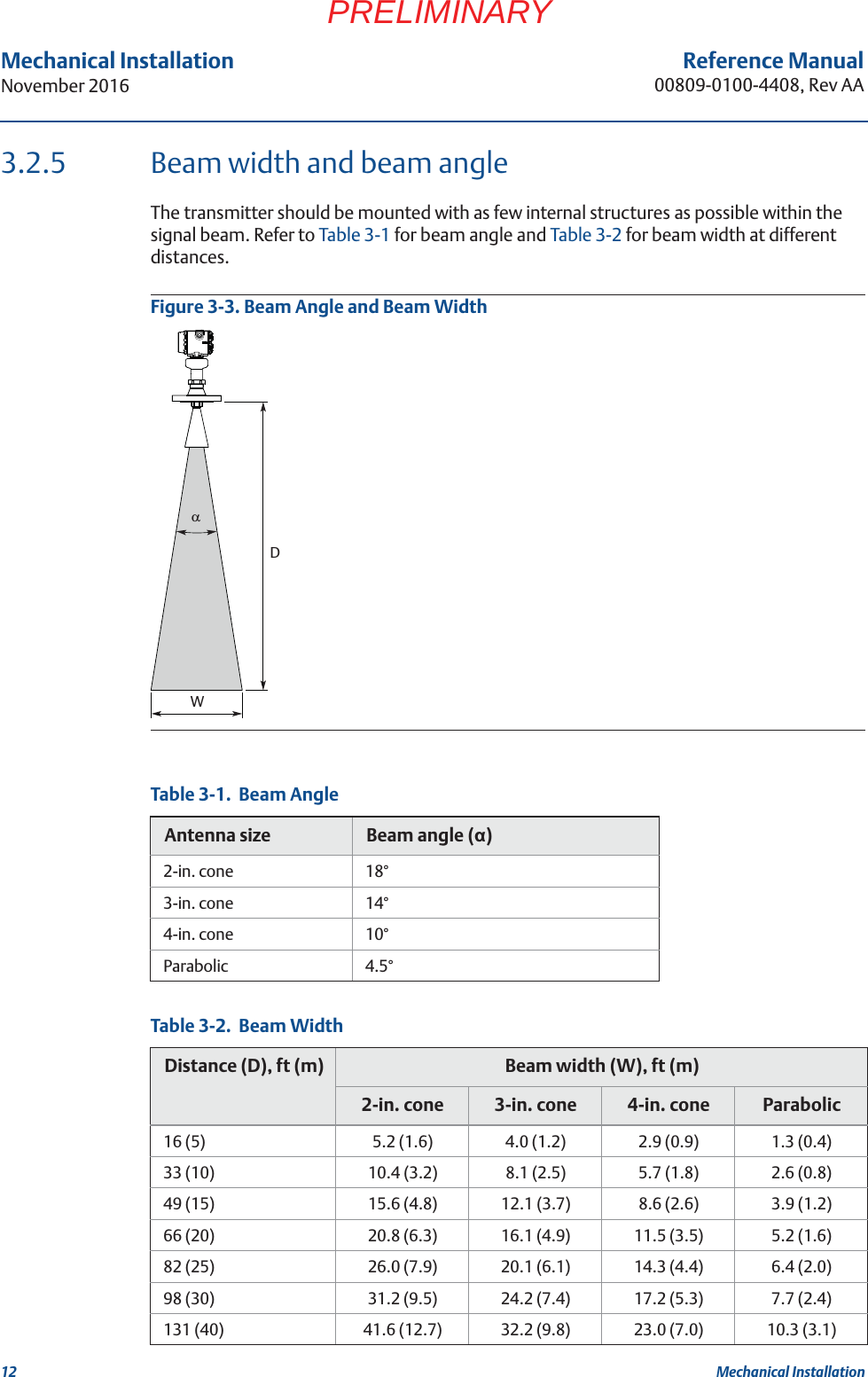 12Reference Manual00809-0100-4408, Rev AAMechanical InstallationNovember 2016Mechanical InstallationPRELIMINARY3.2.5 Beam width and beam angleThe transmitter should be mounted with as few internal structures as possible within the signal beam. Refer to Table 3-1 for beam angle and Table 3-2 for beam width at different distances.Figure 3-3. Beam Angle and Beam WidthTable 3-1.  Beam AngleTable 3-2.  Beam WidthAntenna size Beam angle (Į)2-in. cone 18°3-in. cone 14°4-in. cone 10°Parabolic 4.5°Distance (D), ft (m) Beam width (W), ft (m)2-in. cone 3-in. cone 4-in. cone Parabolic16 (5) 5.2 (1.6) 4.0 (1.2) 2.9 (0.9) 1.3 (0.4)33 (10) 10.4 (3.2) 8.1 (2.5) 5.7 (1.8) 2.6 (0.8)49 (15) 15.6 (4.8) 12.1 (3.7) 8.6 (2.6) 3.9 (1.2)66 (20) 20.8 (6.3) 16.1 (4.9) 11.5 (3.5) 5.2 (1.6)82 (25) 26.0 (7.9) 20.1 (6.1) 14.3 (4.4) 6.4 (2.0)98 (30) 31.2 (9.5) 24.2 (7.4) 17.2 (5.3) 7.7 (2.4)131 (40) 41.6 (12.7) 32.2 (9.8) 23.0 (7.0) 10.3 (3.1)DDW