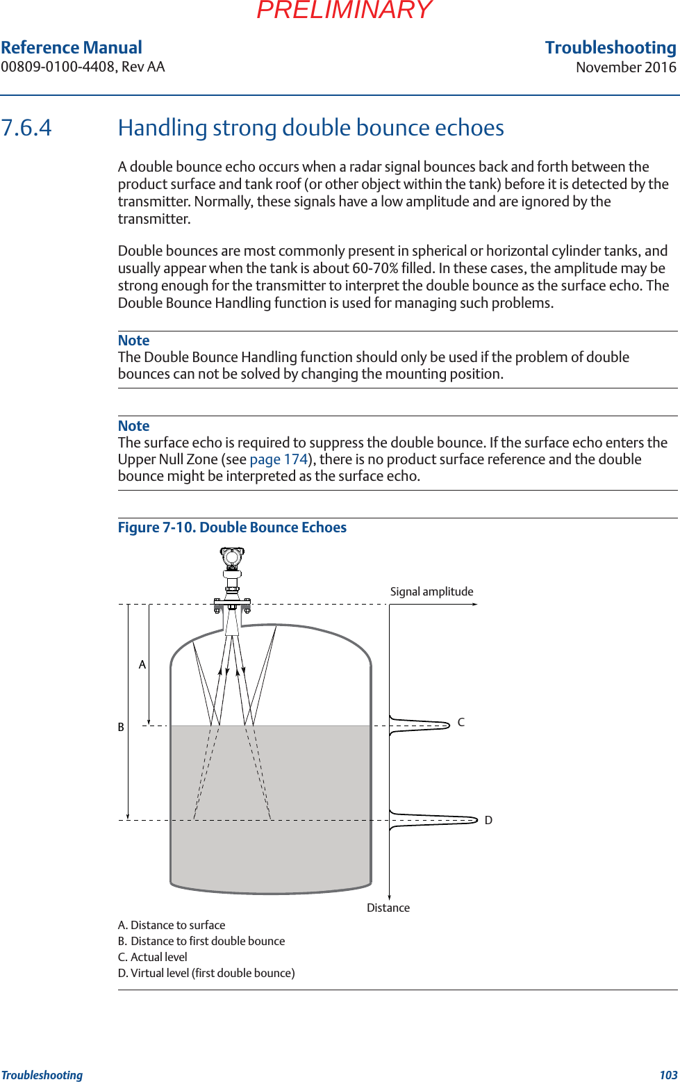 103Reference Manual 00809-0100-4408, Rev AATroubleshootingNovember 2016TroubleshootingPRELIMINARY7.6.4 Handling strong double bounce echoesA double bounce echo occurs when a radar signal bounces back and forth between the product surface and tank roof (or other object within the tank) before it is detected by the transmitter. Normally, these signals have a low amplitude and are ignored by the transmitter.Double bounces are most commonly present in spherical or horizontal cylinder tanks, and usually appear when the tank is about 60-70% filled. In these cases, the amplitude may be strong enough for the transmitter to interpret the double bounce as the surface echo. The Double Bounce Handling function is used for managing such problems.NoteThe Double Bounce Handling function should only be used if the problem of double bounces can not be solved by changing the mounting position.NoteThe surface echo is required to suppress the double bounce. If the surface echo enters the Upper Null Zone (see page 174), there is no product surface reference and the double bounce might be interpreted as the surface echo.Figure 7-10. Double Bounce EchoesA. Distance to surfaceB. Distance to first double bounceC. Actual levelD. Virtual level (first double bounce)ABDistanceSignal amplitudeCD