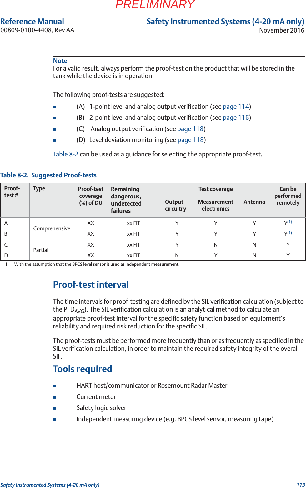 113Reference Manual 00809-0100-4408, Rev AASafety Instrumented Systems (4-20 mA only)November 2016Safety Instrumented Systems (4-20 mA only)PRELIMINARYNoteFor a valid result, always perform the proof-test on the product that will be stored in the tank while the device is in operation.The following proof-tests are suggested:(A) 1-point level and analog output verification (see page 114)(B) 2-point level and analog output verification (see page 116)(C)  Analog output verification (see page 118)(D) Level deviation monitoring (see page 118)Table 8-2 can be used as a guidance for selecting the appropriate proof-test.Table 8-2.  Suggested Proof-testsProof-test intervalThe time intervals for proof-testing are defined by the SIL verification calculation (subject to the PFDAVG). The SIL verification calculation is an analytical method to calculate an appropriate proof-test interval for the specific safety function based on equipment’s reliability and required risk reduction for the specific SIF.The proof-tests must be performed more frequently than or as frequently as specified in the SIL verification calculation, in order to maintain the required safety integrity of the overall SIF. Tools requiredHART host/communicator or Rosemount Radar MasterCurrent meterSafety logic solverIndependent measuring device (e.g. BPCS level sensor, measuring tape)Proof- test #Type Proof-test coverage (%) of DURemaining dangerous, undetected failuresTest coverage Can be performed remotelyOutput circuitryMeasurement electronicsAntennaAComprehensive XX xx FIT Y Y Y Y(1)1.  With the assumption that the BPCS level sensor is used as independent measurement.BXX xx FIT Y Y Y Y(1)CPartial XX xx FIT Y N N YDXX xx FIT N Y N Y