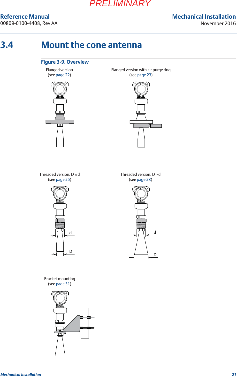 21Reference Manual 00809-0100-4408, Rev AAMechanical InstallationNovember 2016Mechanical InstallationPRELIMINARY3.4 Mount the cone antennaFigure 3-9. OverviewdDdDFlanged version(see page 22)Flanged version with air purge ring(see page 23)Threaded version, D &lt; d(see page 25)Threaded version, D &gt; d(see page 28)Bracket mounting(see page 31)