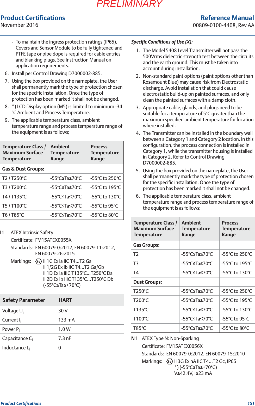 151Product CertificationsProduct CertificationsNovember 2016Reference Manual00809-0100-4408, Rev AAPRELIMINARY- To maintain the ingress protection ratings (IP65), Covers and Sensor Module to be fully tightened and PTFE tape or pipe dope is required for cable entries and blanking plugs. See Instruction Manual on application requirements.6. Install per Control Drawing D7000002-885.7. Using the box provided on the nameplate, the User shall permanently mark the type of protection chosen for the specific installation. Once the type of protection has been marked it shall not be changed.8. *) LCD Display option (M5) is limited to minimum -34 °C Ambient and Process Temperature. 9. The applicable temperature class, ambient temperature range and process temperature range of the equipment is as follows;I1 ATEX Intrinsic SafetyCertificate: FM15ATEX0055XStandards: EN 60079-0:2012, EN 60079-11:2012, EN 60079-26:2015Markings:  II 1G Ex ia IIC T4…T2 GaII 1/2G Ex ib IIC T4…T2 Ga/GbII 1D Ex ia IIIC T135°C…T250°C DaII 2D Ex ib IIIC T135°C…T250°C Db (-55°CTa+70°C)Specific Conditions of Use (X):1. The Model 5408 Level Transmitter will not pass the 500Vrms dielectric strength test between the circuits and the earth ground. This must be taken into account during installation.2. Non-standard paint options (paint options other than Rosemount Blue) may cause risk from Electrostatic discharge. Avoid installation that could cause electrostatic build-up on painted surfaces, and only clean the painted surfaces with a damp cloth.3. Appropriate cable, glands, and plugs need to be suitable for a temperature of 5°C greater than the maximum specified ambient temperature for location where installed.4. The Transmitter can be installed in the boundary wall between a Category 1 and Category 2 location. In this configuration, the process connection is installed in Category 1, while the transmitter housing is installed in Category 2. Refer to Control Drawing D7000002-885.5. Using the box provided on the nameplate, the User shall permanently mark the type of protection chosen for the specific installation. Once the type of protection has been marked it shall not be changed.6. The applicable temperature class, ambient temperature range and process temperature range of the equipment is as follows;N1 ATEX Type N: Non-SparkingCertificate: FM15ATEX0056XStandards: EN 60079-0:2012, EN 60079-15:2010Markings: II 3G Ex nA IIC T4…T2 Gc, IP65*) (-55°CTa+70°C)V42.4V, I23 mATemperature Class / Maximum Surface TemperatureAmbient Temperature RangeProcess Temperature RangeGas &amp; Dust Groups:T2 / T250°C -55°CTa70°C -55°C to 250°CT3 / T200°C -55°CTa70°C -55°C to 195°CT4 / T135°C -55°CTa70°C -55°C to 130°CT5 / T100°C -55°CTa70°C -55°C to 95°CT6 / T85°C -55°CTa70°C -55°C to 80°CSafety Parameter HARTVoltage Ui30 VCurrent Ii133 mAPower Pi1.0 WCapacitance Ci7.3 nFInductance Li0Temperature Class / Maximum Surface TemperatureAmbient Temperature RangeProcess Temperature RangeGas Groups:T2 -55°CTa70°C -55°C to 250°CT3 -55°CTa70°C -55°C to 195°CT4 -55°CTa70°C -55°C to 130°CDust Groups:T250°C -55°CTa70°C -55°C to 250°CT200°C -55°CTa70°C -55°C to 195°CT135°C -55°CTa70°C -55°C to 130°CT100°C -55°CTa70°C -55°C to 95°CT85°C -55°CTa70°C -55°C to 80°C