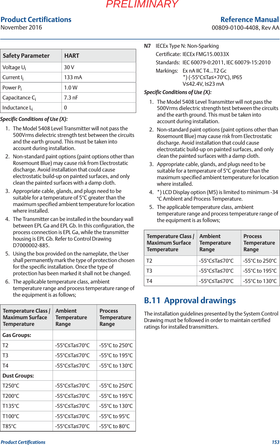 153Product CertificationsProduct CertificationsNovember 2016Reference Manual00809-0100-4408, Rev AAPRELIMINARYSpecific Conditions of Use (X):1. The Model 5408 Level Transmitter will not pass the 500Vrms dielectric strength test between the circuits and the earth ground. This must be taken into account during installation.2. Non-standard paint options (paint options other than Rosemount Blue) may cause risk from Electrostatic discharge. Avoid installation that could cause electrostatic build-up on painted surfaces, and only clean the painted surfaces with a damp cloth.3. Appropriate cable, glands, and plugs need to be suitable for a temperature of 5°C greater than the maximum specified ambient temperature for location where installed.4. The Transmitter can be installed in the boundary wall between EPL Ga and EPL Gb. In this configuration, the process connection is EPL Ga, while the transmitter housing is EPL Gb. Refer to Control Drawing D7000002-885.5. Using the box provided on the nameplate, the User shall permanently mark the type of protection chosen for the specific installation. Once the type of protection has been marked it shall not be changed.6. The applicable temperature class, ambient temperature range and process temperature range of the equipment is as follows;N7 IECEx Type N: Non-SparkingCertificate: IECEx FMG15.0033XStandards: IEC 60079-0:2011, IEC 60079-15:2010Markings:  Ex nA IIC T4…T2 Gc*) (-55°CTa+70°C), IP65V42.4V, I23 mASpecific Conditions of Use (X):1. The Model 5408 Level Transmitter will not pass the 500Vrms dielectric strength test between the circuits and the earth ground. This must be taken into account during installation.2. Non-standard paint options (paint options other than Rosemount Blue) may cause risk from Electrostatic discharge. Avoid installation that could cause electrostatic build-up on painted surfaces, and only clean the painted surfaces with a damp cloth.3. Appropriate cable, glands, and plugs need to be suitable for a temperature of 5°C greater than the maximum specified ambient temperature for location where installed.4. *) LCD Display option (M5) is limited to minimum -34 °C Ambient and Process Temperature.5. The applicable temperature class, ambient temperature range and process temperature range of the equipment is as follows;B.11  Approval drawingsThe installation guidelines presented by the System Control Drawing must be followed in order to maintain certified ratings for installed transmitters.Safety Parameter HARTVoltage Ui30 VCurrent Ii133 mAPower Pi1.0 WCapacitance Ci7.3 nFInductance Li0Temperature Class / Maximum Surface TemperatureAmbient Temperature RangeProcess Temperature RangeGas Groups:T2 -55°CTa70°C -55°C to 250°CT3 -55°CTa70°C -55°C to 195°CT4 -55°CTa70°C -55°C to 130°CDust Groups:T250°C -55°CTa70°C -55°C to 250°CT200°C -55°CTa70°C -55°C to 195°CT135°C -55°CTa70°C -55°C to 130°CT100°C -55°CTa70°C -55°C to 95°CT85°C -55°CTa70°C -55°C to 80°CTemperature Class / Maximum Surface TemperatureAmbient Temperature RangeProcess Temperature RangeT2 -55°CTa70°C -55°C to 250°CT3 -55°CTa70°C -55°C to 195°CT4 -55°CTa70°C -55°C to 130°C