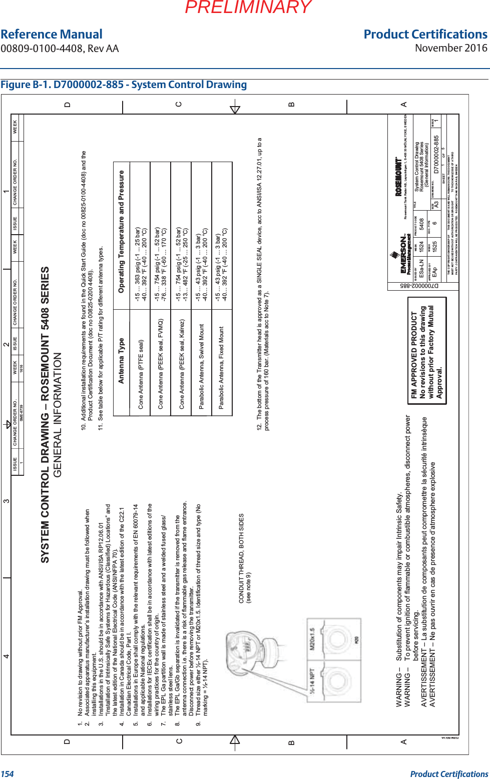 Product CertificationsNovember 2016Reference Manual 00809-0100-4408, Rev AA154 Product CertificationsPRELIMINARYFigure B-1. D7000002-885 - System Control Drawing System Control DrawingRosemount 5408 SeriesD7000002-885654081524ESa-LNEAp A31511525D7000002-885FM APPROVED PRODUCTNo revisions to this drawingwithout prior Factory MutualApproval.(General Information)WARNING –Substitution of components may impair Intrinsic Safety.WARNING –To prevent ignition of flammable or combustible atmospheres, disconnect powerbefore servicing.AVERTISSEMENT –La substitution de composants peut compromettre la sécurité intrinsèqueAVERTISSEMENT – Ne pas ouvrir en cas de presence d’atmosphere explosive 1. No revision to drawing without prior FM Approval.2. Associated apparatus manufacturer’s installation drawing must be followed when installing this equipment.3. Installations in the U.S. should be in accordance with ANSI/ISA RP12.06.01“Installation of Intrinsically Safe Systems for Hazardous (Classified) Locations” and the latest edition of the National Electrical Code (ANSI/NFPA 70).4. Installation in Canada should be in accordance with the latest edition of the C22.1Canadian Electrical Code, Part I.5. Installations in Europe shall comply with the relevant requirements of EN 60079-14and applicable National regulations.6. Installations for IECEx certification shall be in accordance with latest editions of thewiring practices for the country of origin.7. The EPL Ga partition wall is made of stainless steel and a welded fused glass/stainless steel lens.8. The EPL Ga/Gb separation is invalidated if the transmitter is removed from theantenna connection i.e. there is a risk of flammable gas release and flame entrance.Disconnect power before removing the transmitter.9. Thread size either ½-14 NPT or M20x1.5. Identification of thread size and type (Nomarking = ½-14 NPT).ISSUED BY1234FORM REV AAADADBBCCWEEKAPPROVED BYWEEKISSUESIZEDOC. TYPEPRODUCT CODESHEETTHE COPYRIGHT/OWNERSHIP OFOFMUST NOT BE USED WITHOUT AUTHORIZATION OR BROUGHTTHIS DOCUMENT IS AND WILL REMAIN OURS. THE DOCUMENTPARTY. CONTRAVENTION WILL BE PROSECUTED.   ROSEMOUNT TANK RADAR AB, SWEDENTO THE KNOWLEDGE OF A THIRDDRAWING NO.TITLERosemount Tank Radar AB, Layoutvägen 1, S-435 33 MÖLNLYCKE, SWEDENSYSTEM CONTROL DRAWING –ROSEMOUNT 5408 SERIESGENERAL INFORMATIONCHANGE ORDER NO. WEEKISSUECHANGE ORDER NO. WEEKISSUECHANGE ORDER NO. WEEKISSUE1SME-8739 1616CONDUIT THREAD, BOTH SIDES(see note 9)10. Additional installation requirements are found in the Quick Start Guide (doc no 00825-0100-4408) and theProduct Certification Document (doc no 00825-0200 4408).-15 … 363 psig (-1 ... 25 bar)-40… 392 °F (-40 … 200 °C)Antenna Type Operating Temperature and PressureCone Antenna (PTFE seal)Cone Antenna (PEEK seal, FVMQ)Cone Antenna (PEEK seal, Kalrez)Parabolic Antenna, Swivel MountParabolic Antenna, Fixed Mount-15 … 754 psig (-1 ... 52 bar)-76… 338 °F (-60 … 170 °C)-15 … 754 psig (-1 ... 52 bar)-13… 482 °F (-25 … 250 °C)-15 … 43 psig (-1 ... 3 bar)-40… 392 °F (-40 … 200 °C)-15 … 43 psig (-1 ... 3 bar)-40… 392 °F (-40 … 200 °C)11. See table below for applicable P/T rating for different antenna types.12. The bottom of the Transmitter head is approved as a SINGLE SEAL device, acc to ANSI/ISA 12.27.01, up to aprocess pressure of 160 bar. (Materials acc to Note 7).