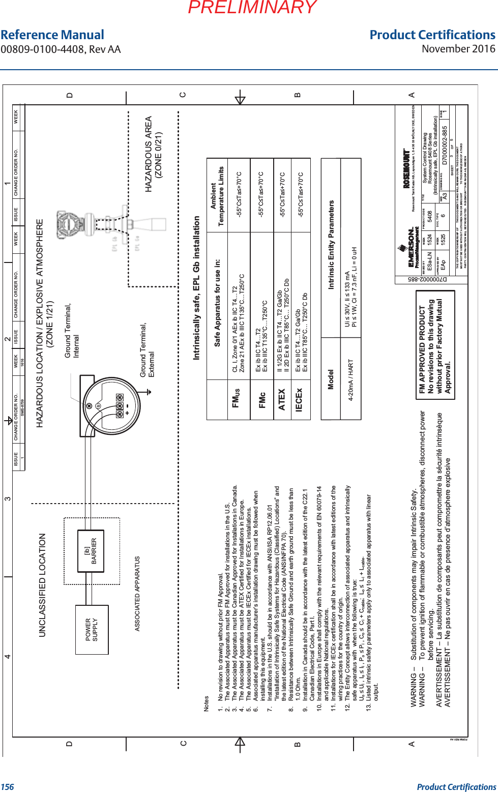 Product CertificationsNovember 2016Reference Manual 00809-0100-4408, Rev AA156 Product CertificationsPRELIMINARY[ib]BARRIERCHANGE ORDER NO. WEEKISSUECHANGE ORDER NO. WEEKISSUECHANGE ORDER NO. WEEKISSUESystem Control DrawingRosemount 5408 SeriesD7000002-885654081524ESa-LNEAp A33511525Ground Terminal,ExternalGround Terminal,InternalIntrinsically safe, EPL Gb installationASSOCIATED APPARATUSPOWERSUPPLYD7000002-885FM APPROVED PRODUCTNo revisions to this drawingwithout prior Factory MutualApproval.(Intrinsically safe, EPL Gb installation)Ui ≤30V, Ii ≤133 mAPi ≤1W, Ci = 7.3 nF, Li = 0 uHWARNING –Substitution of components may impair Intrinsic Safety.WARNING –To prevent ignition of flammable or combustible atmospheres, disconnect powerbefore servicing.AVERTISSEMENT –La substitution de composants peut compromettre la sécurité intrinsèqueAVERTISSEMENT – Ne pas ouvrir en cas de presence d’atmosphere explosive Notes1. No revision to drawing without prior FM Approval.2. The Associated Apparatus must be FM Approved for installations in the U.S.3. The Associated Apparatus must be Canadian Approved for Installations in Canada.4. The Associated Apparatus must be ATEX Certified for Installations in Europe.5. The Associated Apparatus must be IECEx Certified for IECEx installations.6. Associated apparatus manufacturer’s installation drawing must be followed when installing this equipment.7. Installations in the U.S. should be in accordance with ANSI/ISA RP12.06.01“Installation of Intrinsically Safe Systems for Hazardous (Classified) Locations” and the latest edition of the National Electrical Code (ANSI/NFPA 70).8. Resistance between Intrinsically Safe Ground and earth ground must be less than1.0 Ohm.9. Installation in Canada should be in accordance with the latest edition of the C22.1Canadian Electrical Code, Part I.10. Installations in Europe shall comply with the relevant requirements of EN 60079-14and applicable National regulations.11. Installations for IECEx certification shall be in accordance with latest editions of thewiring practices for the country of origin.12. The Entity Concept allows interconnection of associated apparatus and intrinsicallysafe apparatus with when the following is true:Uo≤ Ui,Io≤ Ii,Po≤ Pi,Co≤  Ci+Ccable;Lo≤Li+Lcable.13. Listed intrinsic safety parameters apply only to associated apparatus with linearoutput.Model Intrinsic Entity Parameters4-20mA / HARTHAZARDOUS LOCATION / EXPLOSIVE ATMOSPHERE(ZONE 1/21)UNCLASSIFIED LOCATIONSafe Apparatus for use in:FMUSFMcATEXIECExAmbientTemperature Limits-55°C≤Ta≤+70°C-55°C≤Ta≤+70°C-55°C≤Ta≤+70°C-55°C≤Ta≤+70°CCL I, Zone 0/1 AEx ib IIC T4…T2Zone 21 AEx ib IIIC T135°C…T250°CII 1/2G Ex ib IIC T4…T2Ga/GbII 2D Ex ib IIIC T85°C… T250°C DbEx ib IIC T4…T2Ga/GbEx ib IIIC T85°C… T250°C DbHAZARDOUS AREA(ZONE 0/21)ISSUED BY1234FORM REV AAADADBBCCWEEKAPPROVED BYWEEKISSUESIZEDOC. TYPEPRODUCT CODESHEETTHE COPYRIGHT/OWNERSHIP OFOFMUST NOT BE USED WITHOUT AUTHORIZATION OR BROUGHTTHIS DOCUMENT IS AND WILL REMAIN OURS. THE DOCUMENTPARTY. CONTRAVENTION WILL BE PROSECUTED.   ROSEMOUNT TANK RADAR AB, SWEDENTO THE KNOWLEDGE OF A THIRDDRAWING NO.TITLERosemount Tank Radar AB, Layoutvägen 1, S-435 33 MÖLNLYCKE, SWEDENEx ib IIC T4…T2Ex ib IIIC T135°C…T250°C1SME-8739 1616