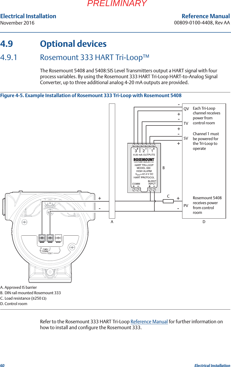 60Reference Manual00809-0100-4408, Rev AAElectrical InstallationNovember 2016Electrical InstallationPRELIMINARY4.9 Optional devices4.9.1 Rosemount 333 HART Tri-Loop™The Rosemount 5408 and 5408:SIS Level Transmitters output a HART signal with four process variables. By using the Rosemount 333 HART Tri-Loop HART-to-Analog Signal Converter, up to three additional analog 4-20 mA outputs are provided.Figure 4-5. Example Installation of Rosemount 333 Tri-Loop with Rosemount 5408A. Approved IS barrierB. DIN rail mounted Rosemount 333C. Load resistance (250 :D. Control roomRefer to the Rosemount 333 HART Tri-Loop Reference Manual for further information on how to install and configure the Rosemount 333.-+-+-+-+-+BADCPVSVTVQV Each Tri-Loop channel receives power from control roomChannel 1 must be powered for the Tri-Loop to operateRosemount 5408 receives power from control room