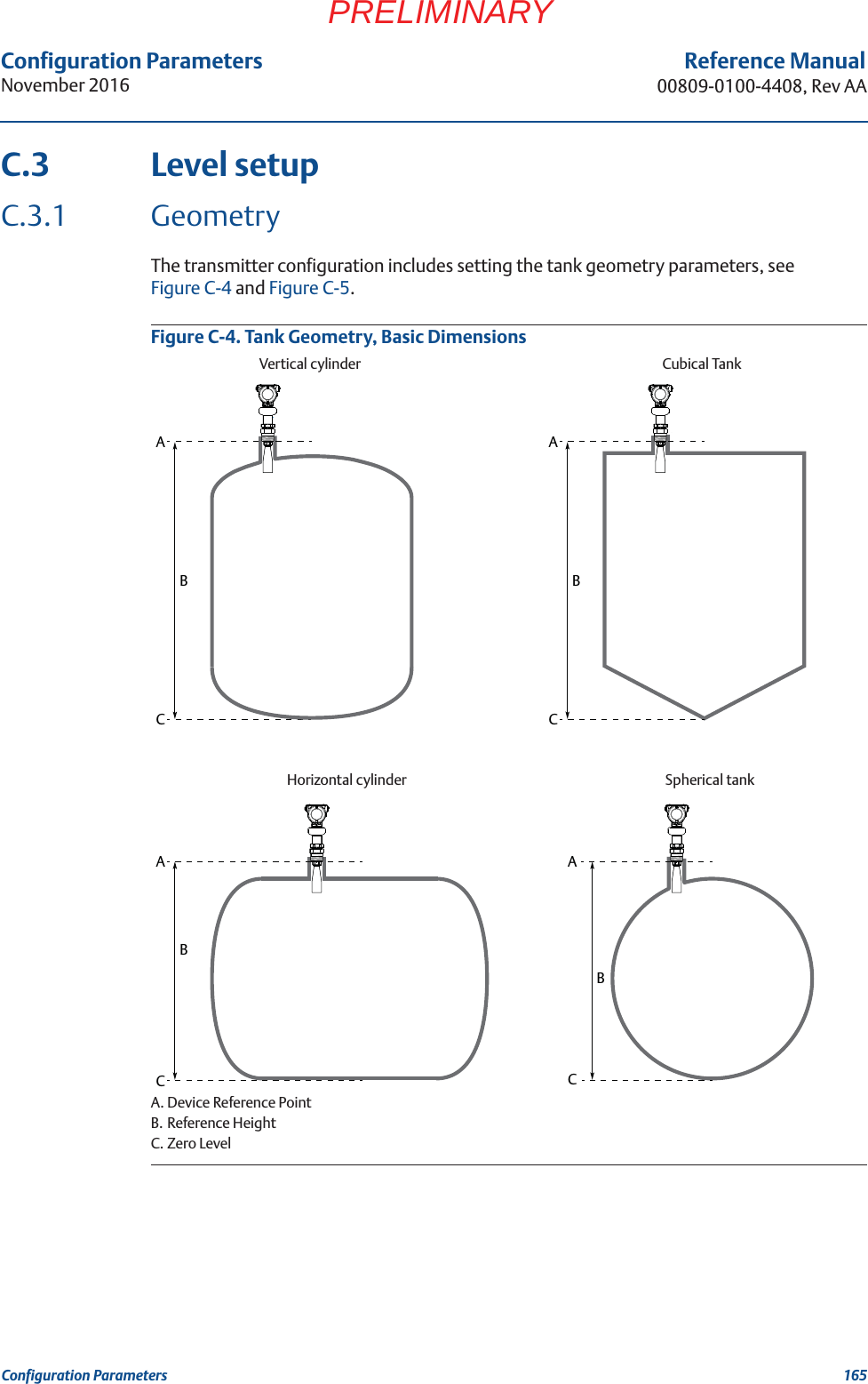 Configuration ParametersNovember 2016Reference Manual00809-0100-4408, Rev AA165Configuration ParametersPRELIMINARYC.3 Level setupC.3.1 GeometryThe transmitter configuration includes setting the tank geometry parameters, see Figure C-4 and Figure C-5. Figure C-4. Tank Geometry, Basic DimensionsA. Device Reference PointB. Reference HeightC. Zero LevelAABBBCCABCACCubical TankHorizontal cylinderVertical cylinder Spherical tank