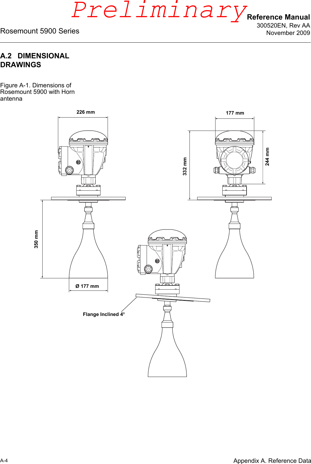 Reference Manual300520EN, Rev AANovember 2009Rosemount 5900 SeriesA-4 Appendix A. Reference DataA.2 DIMENSIONAL DRAWINGSFigure A-1. Dimensions of Rosemount 5900 with Horn antenna244 mm177 mm226 mm332 mm350 mm Ø 177 mmFlange Inclined 4ºPreliminary