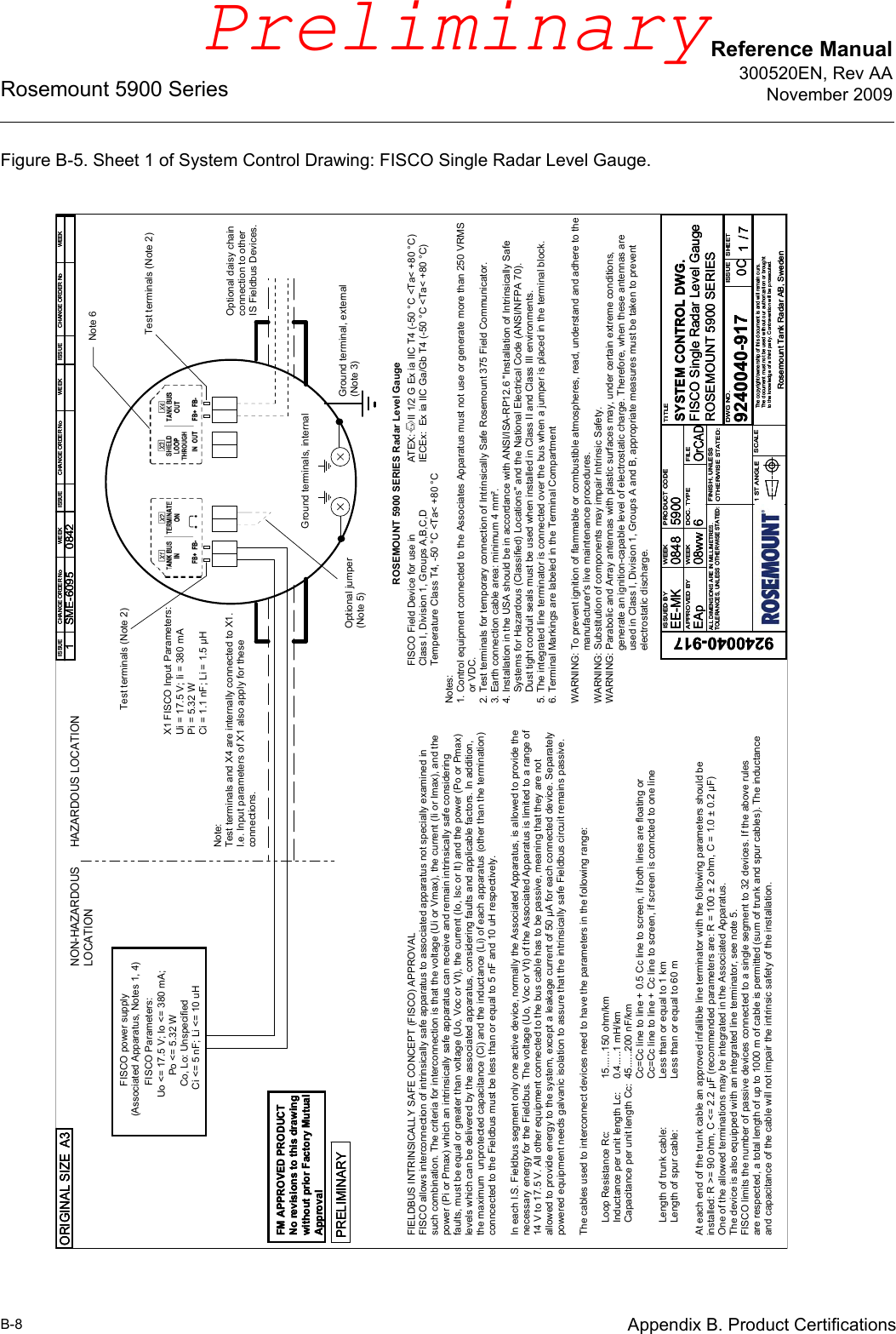 Reference Manual300520EN, Rev AANovember 2009Rosemount 5900 SeriesB-8 Appendix B. Product CertificationsFigure B-5. Sheet 1 of System Control Drawing: FISCO Single Radar Level Gauge.FIELDBUS INTRINSICALLY SAFE CONCEPT (FISCO) APPROVALFISCO allows interconnection of intrinsically safe apparatus to associated apparatus not specially examined insuch combination. The criteria for interconnection is that the voltage (Ui or Vmax), the current (Ii or Imax), and thepower (Pi or Pmax) which an intrinsically safe apparatus can receive and remain intrinsically safe consideringfaults, must be equal or greater than voltage (Uo, Voc or Vt), the current (Io, Isc or It) and the power (Po or Pmax) levels which can be delivered by the associated apparatus, considering faults and applicable factors. In addition,the maximum  unprotected capacitance (Ci) and the inductance (Li) of each apparatus (other than the termination)conncected to the Fieldbus must be less than or equal to 5 nF and 10 uH respectively.In each I.S. Fieldbus segment only one active device, normally the Associated Apparatus, is allowed to provide thenecessary energy for the Fieldbus. The voltage (Uo, Voc or Vt) of the Associated Apparatus is limited to a range of14 V to 17.5 V. All other equipment connected to the bus cable has to be passive, meaning that they are notallowed to provide energy to the system, except a leakage current of 50 μA for each connected device. Separatelypowered equipment needs galvanic isolation to assure that the intrinsically safe Fieldbus circuit remains passive. The cables used to interconnect devices need to have the parameters in the following range:Loop Resistance Rc: Inductance per unit length Lc:Capacitance per unit length Cc:Length of trunk cable:Length of spur cable:15......150 ohm/km0.4.....1 mH/km45......200 nF/kmCc=Cc line to line + 0.5 Cc line to screen, if both lines are floating orCc=Cc line to line + Cc line to screen, if screen is conncted to one lineLess than or equal to 1 kmLess than or equal to 60 mAt each end of the trunk cable an approved infallible line terminator with the following parameters should be installed: R &gt;= 90 ohm, C &lt;= 2.2 μF (recommended parameters are: R = 100 ± 2 ohm, C = 1.0 ± 0.2 μF)One of the allowed terminations may be integrated in the Associated Apparatus. The device is also equipped with an integrated line terminator, see note 5.FISCO limits the number of passive devices connected to a single segment to 32 devices. If the above rules are respected, a total length of up to 1000 m of cable is permitted (sum of trunk and spur cables). The inductance and capacitance of the cable will not impair the intrinsic safety of the installation.FISCO Field Device for use in Class I, Division 1, Groups A,B,C,DTemperature Class T4, -50 °C &lt;Ta&lt; +80 °CUo &lt;= 17.5 V; Io &lt;= 380 mA;         Po &lt;= 5.32 W    Co, Lo: Unspecified   Ci &lt;= 5 nF; Li &lt;= 10 uH            FISCO power supply (Associated Apparatus, Notes 1, 4)FISCO Parameters:NON-HAZARDOUSLOCATIONHAZARDOUS LOCATIONROSEMOUNT 5900 SERIES Radar Level GaugeGround terminal, external(Note 3)Optional jumper (Note 5)Optional daisy chain connection to other IS Fieldbus Devices.Ground terminals, internalUi = 17.5 V; Ii = 380 mAPi = 5.32 WCi = 1.1 nF; Li = 1.5 μHX1 FISCO Input Parameters:Notes:1. Control equipment connected to the Associates Apparatus must not use or generate more than 250 VRMS     or VDC.2. Test terminals for temporary connection of Intrinsically Safe Rosemount 375 Field Communicator.3. Earth connection cable area: minimum 4 mm². 4. Installation in the USA should be in accordance with ANSI/ISA-RP12.6 &quot;Installation of Intrinsically Safe     Systems for Hazardous (Classified) Locations&quot; and the National Electrical Code (ANSI/NFPA 70).    Dust tight conduit seals must be used when installed in Class II and Class III environments.5. The integrated line terminator is connected over the bus when a jumper is placed in the terminal block.6. Terminal Markings are labeled in the Terminal CompartmentWARNING: To prevent ignition of flammable or combustible atmospheres, read, understand and adhere to the                   manufacturer&apos;s live maintenance procedures.WARNING: Substitution of components may impair Intrinsic Safety.WARNING: Parabolic and Array antennas with plastic surfaces may, under certain extreme conditions,                    generate an ignition-capable level of electrostatic charge. Therefore, when these antennas are                   used in Class I, Division 1, Groups A and B, appropriate measures must be taken to prevent                    electrostatic discharge.Test terminals (Note 2)Note:Test terminals and X4 are internally connected to X1.I.e. Input parameters of X1 also apply for theseconnections.Test terminals (Note 2)Note 6ATEX:     II 1/2 G Ex ia IIC T4 (-50 °C &lt;Ta&lt; +80 °C) IECEx:  Ex ia IIC Ga/Gb T4 (-50 °C &lt;Ta&lt; +80 °C)ISSUED BYAPPROVED BYWEEKWEEKPRODUCT CODEDOC. TYPE FILETITLEDWG NO. ISSUE SHEETSCALE1 ST ANGLEFINISH, UNLESSOTHERWISE STATED:The copyright/ownership of this document is and will remain ours.The document must not be used without our authorization or broughtto the knowledge of a third party. Contravention will be prosecuted.Rosemount Tank Radar AB, SwedenALL DIMENSIONS ARE IN MILLIMETRES.TOLERANCES, UNLESS OTHERWISE STATED:/EE-MK08ww5900EAp 6OrCAD9240040-9179240040-9170848SYSTEM CONTROL DWG.FISCO Single Radar Level Gauge0C 71ROSEMOUNT 5900 SERIESISSUED BYAPPROVED BYWEEKWEEKPRODUCT CODEDOC. TYPE FILETITLEDWG NO. ISSUE SHEETSCALE1 ST ANGLEFINISH, UNLESSOTHERWISE STATED:The copyright/ownership of this document is and will remain ours.The document must not be used without our authorization or broughtto the knowledge of a third party. Contravention will be prosecuted.Rosemount Tank Radar AB, SwedenALL DIMENSIONS ARE IN MILLIMETRES.TOLERANCES, UNLESS OTHERWISE STATED:/EE-MK08ww5900EAp 6OrCAD9240040-9179240040-9170848SYSTEM CONTROL DWG.FISCO Single Radar Level Gauge0C 71ROSEMOUNT 5900 SERIESISSUED BYAPPROVED BYWEEKWEEKPRODUCT CODEDOC. TYPE FILETITLEDWG NO. ISSUE SHEETSCALE1 ST ANGLEFINISH, UNLESSOTHERWISE STATED:The copyright/ownership of this document is and will remain ours.The document must not be used without our authorization or broughtto the knowledge of a third party. Contravention will be prosecuted.Rosemount Tank Radar AB, SwedenALL DIMENSIONS ARE IN MILLIMETRES.TOLERANCES, UNLESS OTHERWISE STATED:/EE-MK08ww5900EAp 6OrCAD9240040-9179240040-9170848SYSTEM CONTROL DWG.FISCO Single Radar Level Gauge0C 71ROSEMOUNT 5900 SERIESISSUE ISSUE ISSUECHANGE ORDER No WEEK WEEK WEEKCHANGE ORDER No CHANGE ORDER No1 0842SME-6095ISSUE ISSUE ISSUECHANGE ORDER No WEEK WEEK WEEKCHANGE ORDER No CHANGE ORDER No1 0842SME-6095ISSUE ISSUE ISSUECHANGE ORDER No WEEK WEEK WEEKCHANGE ORDER No CHANGE ORDER No1 0842SME-6095PRELIMINARYPRELIMINARYPRELIMINARYORIGINAL SIZE A3ORIGINAL SIZE A3ORIGINAL SIZE A3FM APPROVED PRODUCTNo revisions to this drawingwithout prior Factory MutualApprovalFM APPROVED PRODUCTNo revisions to this drawingwithout prior Factory MutualApprovalFM APPROVED PRODUCTNo revisions to this drawingwithout prior Factory MutualApprovalPreliminary