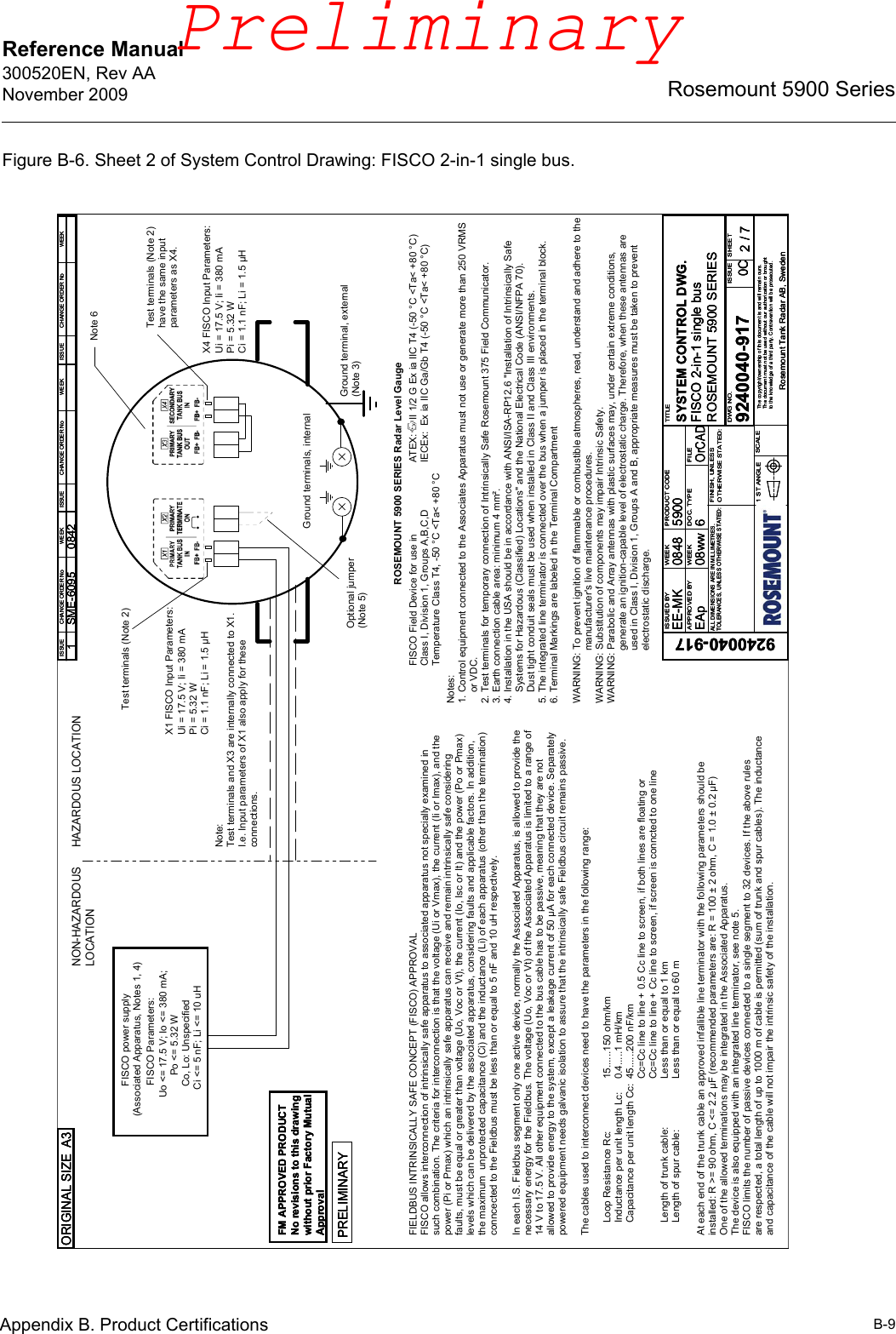 Reference Manual 300520EN, Rev AANovember 2009B-9Rosemount 5900 SeriesAppendix B. Product CertificationsFigure B-6. Sheet 2 of System Control Drawing: FISCO 2-in-1 single bus.Loop Resistance Rc: Inductance per unit length Lc:Capacitance per unit length Cc:Length of trunk cable:Length of spur cable:At each end of the trunk cable an approved infallible line terminator with the following parameters should be installed: R &gt;= 90 ohm, C &lt;= 2.2 μF (recommended parameters are: R = 100 ± 2 ohm, C = 1.0 ± 0.2 μF)One of the allowed terminations may be integrated in the Associated Apparatus. The device is also equipped with an integrated line terminator, see note 5.FISCO limits the number of passive devices connected to a single segment to 32 devices. If the above rules are respected, a total length of up to 1000 m of cable is permitted (sum of trunk and spur cables). The inductance and capacitance of the cable will not impair the intrinsic safety of the installation.15......150 ohm/km0.4.....1 mH/km45......200 nF/kmCc=Cc line to line + 0.5 Cc line to screen, if both lines are floating orCc=Cc line to line + Cc line to screen, if screen is conncted to one lineLess than or equal to 1 kmLess than or equal to 60 mUo &lt;= 17.5 V; Io &lt;= 380 mA;         Po &lt;= 5.32 W    Co, Lo: Unspecified   Ci &lt;= 5 nF; Li &lt;= 10 uH FISCO Parameters:           FISCO power supply (Associated Apparatus, Notes 1, 4)NON-HAZARDOUSLOCATIONHAZARDOUS LOCATIONFIELDBUS INTRINSICALLY SAFE CONCEPT (FISCO) APPROVALFISCO allows interconnection of intrinsically safe apparatus to associated apparatus not specially examined insuch combination. The criteria for interconnection is that the voltage (Ui or Vmax), the current (Ii or Imax), and thepower (Pi or Pmax) which an intrinsically safe apparatus can receive and remain intrinsically safe consideringfaults, must be equal or greater than voltage (Uo, Voc or Vt), the current (Io, Isc or It) and the power (Po or Pmax) levels which can be delivered by the associated apparatus, considering faults and applicable factors. In addition,the maximum  unprotected capacitance (Ci) and the inductance (Li) of each apparatus (other than the termination)conncected to the Fieldbus must be less than or equal to 5 nF and 10 uH respectively.In each I.S. Fieldbus segment only one active device, normally the Associated Apparatus, is allowed to provide thenecessary energy for the Fieldbus. The voltage (Uo, Voc or Vt) of the Associated Apparatus is limited to a range of14 V to 17.5 V. All other equipment connected to the bus cable has to be passive, meaning that they are notallowed to provide energy to the system, except a leakage current of 50 μA for each connected device. Separatelypowered equipment needs galvanic isolation to assure that the intrinsically safe Fieldbus circuit remains passive. The cables used to interconnect devices need to have the parameters in the following range:Ground terminal, external(Note 3)Optional jumper (Note 5)Ground terminals, internalTest terminals (Note 2)Note:Test terminals and X3 are internally connected to X1.I.e. Input parameters of X1 also apply for theseconnections.Note 6Ui = 17.5 V; Ii = 380 mAPi = 5.32 WCi = 1.1 nF; Li = 1.5 μHX1 FISCO Input Parameters:Ui = 17.5 V; Ii = 380 mAPi = 5.32 WCi = 1.1 nF; Li = 1.5 μHX4 FISCO Input Parameters:Test terminals (Note 2)have the same inputparameters as X4.FISCO Field Device for use in Class I, Division 1, Groups A,B,C,DTemperature Class T4, -50 °C &lt;Ta&lt; +80 °CROSEMOUNT 5900 SERIES Radar Level GaugeATEX:     II 1/2 G Ex ia IIC T4 (-50 °C &lt;Ta&lt; +80 °C) IECEx:  Ex ia IIC Ga/Gb T4 (-50 °C &lt;Ta&lt; +80 °C)Notes:1. Control equipment connected to the Associates Apparatus must not use or generate more than 250 VRMS     or VDC.2. Test terminals for temporary connection of Intrinsically Safe Rosemount 375 Field Communicator.3. Earth connection cable area: minimum 4 mm². 4. Installation in the USA should be in accordance with ANSI/ISA-RP12.6 &quot;Installation of Intrinsically Safe     Systems for Hazardous (Classified) Locations&quot; and the National Electrical Code (ANSI/NFPA 70).    Dust tight conduit seals must be used when installed in Class II and Class III environments.5. The integrated line terminator is connected over the bus when a jumper is placed in the terminal block.6. Terminal Markings are labeled in the Terminal CompartmentWARNING: To prevent ignition of flammable or combustible atmospheres, read, understand and adhere to the                   manufacturer&apos;s live maintenance procedures.WARNING: Substitution of components may impair Intrinsic Safety.WARNING: Parabolic and Array antennas with plastic surfaces may, under certain extreme conditions,                    generate an ignition-capable level of electrostatic charge. Therefore, when these antennas are                   used in Class I, Division 1, Groups A and B, appropriate measures must be taken to prevent                    electrostatic discharge.ISSUE ISSUE ISSUECHANGE ORDER No WEEK WEEK WEEKCHANGE ORDER No CHANGE ORDER No1 0842SME-6095ISSUE ISSUE ISSUECHANGE ORDER No WEEK WEEK WEEKCHANGE ORDER No CHANGE ORDER No1 0842SME-6095ISSUE ISSUE ISSUECHANGE ORDER No WEEK WEEK WEEKCHANGE ORDER No CHANGE ORDER No1 0842SME-6095PRELIMINARYPRELIMINARYPRELIMINARYORIGINAL SIZE A3ORIGINAL SIZE A3ORIGINAL SIZE A3FM APPROVED PRODUCTNo revisions to this drawingwithout prior Factory MutualApprovalFM APPROVED PRODUCTNo revisions to this drawingwithout prior Factory MutualApprovalFM APPROVED PRODUCTNo revisions to this drawingwithout prior Factory MutualApprovalISSUED BYAPPROVED BYWEEKWEEKPRODUCT CODEDOC. TYPE FILETITLEDWG NO. ISSUE SHEETSCALE1 ST ANGLEFINISH, UNLESSOTHERWISE STATED:The copyright/ownership of this document is and will remain ours.The document must not be used without our authorization or broughtto the knowledge of a third party. Contravention will be prosecuted.Rosemount Tank Radar AB, SwedenALL DIMENSIONS ARE IN MILLIMETRES.TOLERANCES, UNLESS OTHERWISE STATED:/EE-MK08ww5900EAp 6OrCAD9240040-9179240040-9170848SYSTEM CONTROL DWG.FISCO 2-in-1 single bus0C 72ROSEMOUNT 5900 SERIESISSUED BYAPPROVED BYWEEKWEEKPRODUCT CODEDOC. TYPE FILETITLEDWG NO. ISSUE SHEETSCALE1 ST ANGLEFINISH, UNLESSOTHERWISE STATED:The copyright/ownership of this document is and will remain ours.The document must not be used without our authorization or broughtto the knowledge of a third party. Contravention will be prosecuted.Rosemount Tank Radar AB, SwedenALL DIMENSIONS ARE IN MILLIMETRES.TOLERANCES, UNLESS OTHERWISE STATED:/EE-MK08ww5900EAp 6OrCAD9240040-9179240040-9170848SYSTEM CONTROL DWG.FISCO 2-in-1 single bus0C 72ROSEMOUNT 5900 SERIESISSUED BYAPPROVED BYWEEKWEEKPRODUCT CODEDOC. TYPE FILETITLEDWG NO. ISSUE SHEETSCALE1 ST ANGLEFINISH, UNLESSOTHERWISE STATED:The copyright/ownership of this document is and will remain ours.The document must not be used without our authorization or broughtto the knowledge of a third party. Contravention will be prosecuted.Rosemount Tank Radar AB, SwedenALL DIMENSIONS ARE IN MILLIMETRES.TOLERANCES, UNLESS OTHERWISE STATED:/EE-MK08ww5900EAp 6OrCAD9240040-9179240040-9170848SYSTEM CONTROL DWG.FISCO 2-in-1 single bus0C 72ROSEMOUNT 5900 SERIESPreliminary