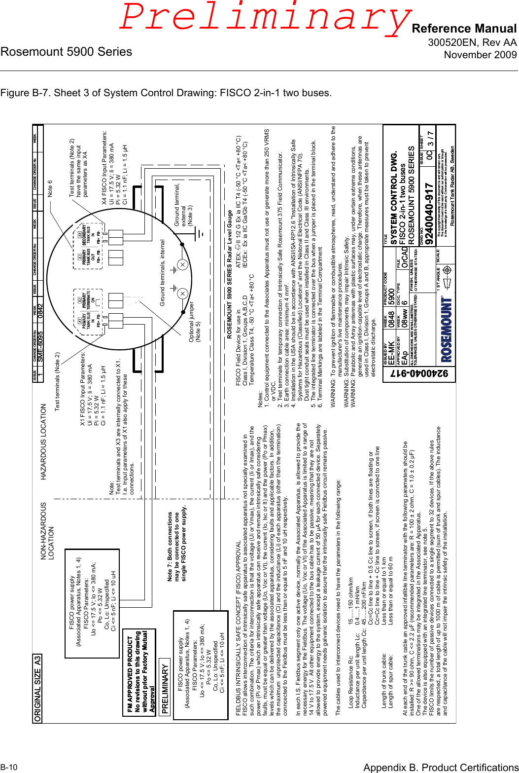 Reference Manual300520EN, Rev AANovember 2009Rosemount 5900 SeriesB-10 Appendix B. Product CertificationsFigure B-7. Sheet 3 of System Control Drawing: FISCO 2-in-1 two buses.Loop Resistance Rc: Inductance per unit length Lc:Capacitance per unit length Cc:Length of trunk cable:Length of spur cable:At each end of the trunk cable an approved infallible line terminator with the following parameters should be installed: R &gt;= 90 ohm, C &lt;= 2.2 μF (recommended parameters are: R = 100 ± 2 ohm, C = 1.0 ± 0.2 μF)One of the allowed terminations may be integrated in the Associated Apparatus. The device is also equipped with an integrated line terminator, see note 5.FISCO limits the number of passive devices connected to a single segment to 32 devices. If the above rules are respected, a total length of up to 1000 m of cable is permitted (sum of trunk and spur cables). The inductance and capacitance of the cable will not impair the intrinsic safety of the installation.15......150 ohm/km0.4.....1 mH/km45......200 nF/kmCc=Cc line to line + 0.5 Cc line to screen, if both lines are floating orCc=Cc line to line + Cc line to screen, if screen is conncted to one lineLess than or equal to 1 kmLess than or equal to 60 mUo &lt;= 17.5 V; Io &lt;= 380 mA;         Po &lt;= 5.32 W    Co, Lo: Unspecified   Ci &lt;= 5 nF; Li &lt;= 10 uH FISCO Parameters:           FISCO power supply (Associated Apparatus, Notes 1, 4)NON-HAZARDOUSLOCATIONHAZARDOUS LOCATIONFIELDBUS INTRINSICALLY SAFE CONCEPT (FISCO) APPROVALFISCO allows interconnection of intrinsically safe apparatus to associated apparatus not specially examined insuch combination. The criteria for interconnection is that the voltage (Ui or Vmax), the current (Ii or Imax), and thepower (Pi or Pmax) which an intrinsically safe apparatus can receive and remain intrinsically safe consideringfaults, must be equal or greater than voltage (Uo, Voc or Vt), the current (Io, Isc or It) and the power (Po or Pmax) levels which can be delivered by the associated apparatus, considering faults and applicable factors. In addition,the maximum  unprotected capacitance (Ci) and the inductance (Li) of each apparatus (other than the termination)conncected to the Fieldbus must be less than or equal to 5 nF and 10 uH respectively.In each I.S. Fieldbus segment only one active device, normally the Associated Apparatus, is allowed to provide thenecessary energy for the Fieldbus. The voltage (Uo, Voc or Vt) of the Associated Apparatus is limited to a range of14 V to 17.5 V. All other equipment connected to the bus cable has to be passive, meaning that they are notallowed to provide energy to the system, except a leakage current of 50 μA for each connected device. Separatelypowered equipment needs galvanic isolation to assure that the intrinsically safe Fieldbus circuit remains passive. The cables used to interconnect devices need to have the parameters in the following range:Uo &lt;= 17.5 V; Io &lt;= 380 mA;         Po &lt;= 5.32 W    Co, Lo: Unspecified   Ci &lt;= 5 nF; Li &lt;= 10 uH FISCO Parameters:           FISCO power supply (Associated Apparatus, Notes 1, 4)Note 7: Both connectionsmay be connected to onesingle FISCO power supply.Ground terminal, external(Note 3)Optional jumper (Note 5)Ground terminals, internalUi = 17.5 V; Ii = 380 mAPi = 5.32 WCi = 1.1 nF; Li = 1.5 μHX1 FISCO Input Parameters:Test terminals (Note 2)Note:Test terminals and X3 are internally connected to X1.I.e. Input parameters of X1 also apply for theseconnections.Test terminals (Note 2)have the same inputparameters as X4.Note 6Ui = 17.5 V; Ii = 380 mAPi = 5.32 WCi = 1.1 nF; Li = 1.5 μHX4 FISCO Input Parameters:FISCO Field Device for use in Class I, Division 1, Groups A,B,C,DTemperature Class T4, -50 °C &lt;Ta&lt; +80 °CROSEMOUNT 5900 SERIES Radar Level GaugeATEX:     II 1/2 G Ex ia IIC T4 (-50 °C &lt;Ta&lt; +80 °C) IECEx:  Ex ia IIC Ga/Gb T4 (-50 °C &lt;Ta&lt; +80 °C)Notes:1. Control equipment connected to the Associates Apparatus must not use or generate more than 250 VRMS     or VDC.2. Test terminals for temporary connection of Intrinsically Safe Rosemount 375 Field Communicator.3. Earth connection cable area: minimum 4 mm². 4. Installation in the USA should be in accordance with ANSI/ISA-RP12.6 &quot;Installation of Intrinsically Safe     Systems for Hazardous (Classified) Locations&quot; and the National Electrical Code (ANSI/NFPA 70).    Dust tight conduit seals must be used when installed in Class II and Class III environments.5. The integrated line terminator is connected over the bus when a jumper is placed in the terminal block.6. Terminal Markings are labeled in the Terminal CompartmentWARNING: To prevent ignition of flammable or combustible atmospheres, read, understand and adhere to the                   manufacturer&apos;s live maintenance procedures.WARNING: Substitution of components may impair Intrinsic Safety.WARNING: Parabolic and Array antennas with plastic surfaces may, under certain extreme conditions,                    generate an ignition-capable level of electrostatic charge. Therefore, when these antennas are                   used in Class I, Division 1, Groups A and B, appropriate measures must be taken to prevent                    electrostatic discharge.ISSUE ISSUE ISSUECHANGE ORDER No WEEK WEEK WEEKCHANGE ORDER No CHANGE ORDER No1 0842SME-6095ISSUE ISSUE ISSUECHANGE ORDER No WEEK WEEK WEEKCHANGE ORDER No CHANGE ORDER No1 0842SME-6095ISSUE ISSUE ISSUECHANGE ORDER No WEEK WEEK WEEKCHANGE ORDER No CHANGE ORDER No1 0842SME-6095PRELIMINARYPRELIMINARYPRELIMINARYORIGINAL SIZE A3ORIGINAL SIZE A3ORIGINAL SIZE A3FM APPROVED PRODUCTNo revisions to this drawingwithout prior Factory MutualApprovalFM APPROVED PRODUCTNo revisions to this drawingwithout prior Factory MutualApprovalFM APPROVED PRODUCTNo revisions to this drawingwithout prior Factory MutualApprovalISSUED BYAPPROVED BYWEEKWEEKPRODUCT CODEDOC. TYPE FILETITLEDWG NO. ISSUE SHEETSCALE1 ST ANGLEFINISH, UNLESSOTHERWISE STATED:The copyright/ownership of this document is and will remain ours.The document must not be used without our authorization or broughtto the knowledge of a third party. Contravention will be prosecuted.Rosemount Tank Radar AB, SwedenALL DIMENSIONS ARE IN MILLIMETRES.TOLERANCES, UNLESS OTHERWISE STATED:/EE-MK08ww5900EAp 6OrCAD9240040-9179240040-9170848SYSTEM CONTROL DWG.FISCO 2-in-1 two buses0C 73ROSEMOUNT 5900 SERIESISSUED BYAPPROVED BYWEEKWEEKPRODUCT CODEDOC. TYPE FILETITLEDWG NO. ISSUE SHEETSCALE1 ST ANGLEFINISH, UNLESSOTHERWISE STATED:The copyright/ownership of this document is and will remain ours.The document must not be used without our authorization or broughtto the knowledge of a third party. Contravention will be prosecuted.Rosemount Tank Radar AB, SwedenALL DIMENSIONS ARE IN MILLIMETRES.TOLERANCES, UNLESS OTHERWISE STATED:/EE-MK08ww5900EAp 6OrCAD9240040-9179240040-9170848SYSTEM CONTROL DWG.FISCO 2-in-1 two buses0C 73ROSEMOUNT 5900 SERIESISSUED BYAPPROVED BYWEEKWEEKPRODUCT CODEDOC. TYPE FILETITLEDWG NO. ISSUE SHEETSCALE1 ST ANGLEFINISH, UNLESSOTHERWISE STATED:The copyright/ownership of this document is and will remain ours.The document must not be used without our authorization or broughtto the knowledge of a third party. Contravention will be prosecuted.Rosemount Tank Radar AB, SwedenALL DIMENSIONS ARE IN MILLIMETRES.TOLERANCES, UNLESS OTHERWISE STATED:/EE-MK08ww5900EAp 6OrCAD9240040-9179240040-9170848SYSTEM CONTROL DWG.FISCO 2-in-1 two buses0C 73ROSEMOUNT 5900 SERIESPreliminary