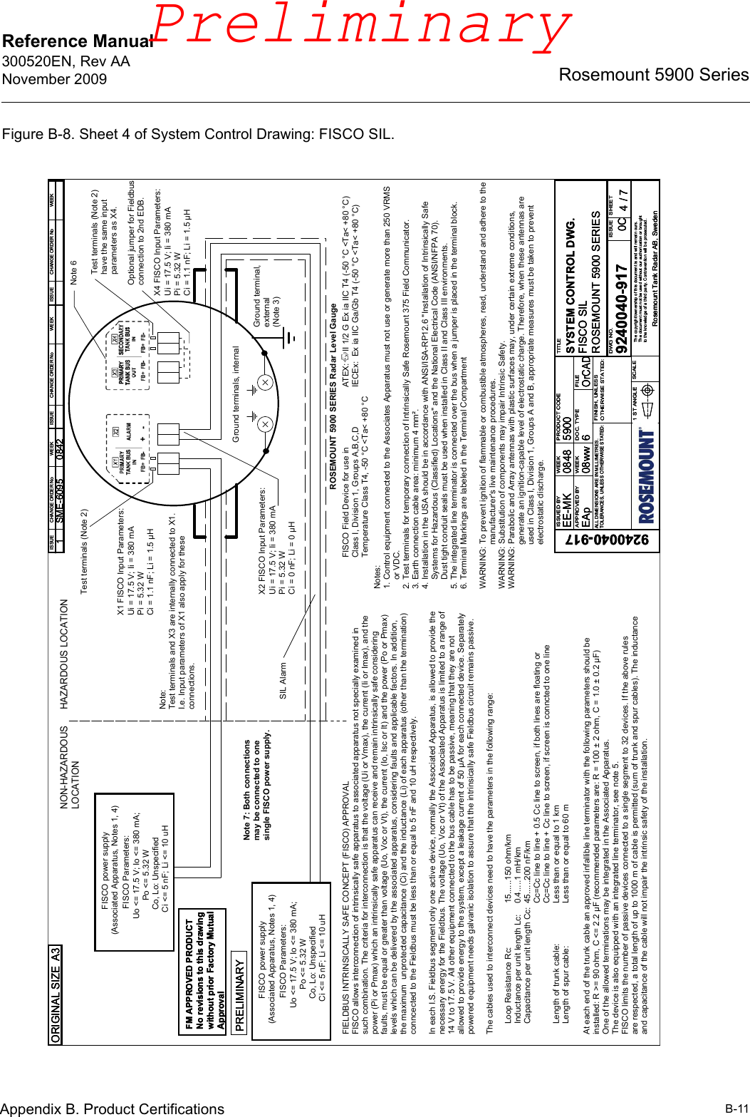 Reference Manual 300520EN, Rev AANovember 2009B-11Rosemount 5900 SeriesAppendix B. Product CertificationsFigure B-8. Sheet 4 of System Control Drawing: FISCO SIL.Loop Resistance Rc: Inductance per unit length Lc:Capacitance per unit length Cc:Length of trunk cable:Length of spur cable:At each end of the trunk cable an approved infallible line terminator with the following parameters should be installed: R &gt;= 90 ohm, C &lt;= 2.2 μF (recommended parameters are: R = 100 ± 2 ohm, C = 1.0 ± 0.2 μF)One of the allowed terminations may be integrated in the Associated Apparatus. The device is also equipped with an integrated line terminator, see note 5.FISCO limits the number of passive devices connected to a single segment to 32 devices. If the above rules are respected, a total length of up to 1000 m of cable is permitted (sum of trunk and spur cables). The inductance and capacitance of the cable will not impair the intrinsic safety of the installation.15......150 ohm/km0.4.....1 mH/km45......200 nF/kmCc=Cc line to line + 0.5 Cc line to screen, if both lines are floating orCc=Cc line to line + Cc line to screen, if screen is conncted to one lineLess than or equal to 1 kmLess than or equal to 60 mNON-HAZARDOUSLOCATIONHAZARDOUS LOCATIONFIELDBUS INTRINSICALLY SAFE CONCEPT (FISCO) APPROVALFISCO allows interconnection of intrinsically safe apparatus to associated apparatus not specially examined insuch combination. The criteria for interconnection is that the voltage (Ui or Vmax), the current (Ii or Imax), and thepower (Pi or Pmax) which an intrinsically safe apparatus can receive and remain intrinsically safe consideringfaults, must be equal or greater than voltage (Uo, Voc or Vt), the current (Io, Isc or It) and the power (Po or Pmax) levels which can be delivered by the associated apparatus, considering faults and applicable factors. In addition,the maximum  unprotected capacitance (Ci) and the inductance (Li) of each apparatus (other than the termination)conncected to the Fieldbus must be less than or equal to 5 nF and 10 uH respectively.In each I.S. Fieldbus segment only one active device, normally the Associated Apparatus, is allowed to provide thenecessary energy for the Fieldbus. The voltage (Uo, Voc or Vt) of the Associated Apparatus is limited to a range of14 V to 17.5 V. All other equipment connected to the bus cable has to be passive, meaning that they are notallowed to provide energy to the system, except a leakage current of 50 μA for each connected device. Separatelypowered equipment needs galvanic isolation to assure that the intrinsically safe Fieldbus circuit remains passive. The cables used to interconnect devices need to have the parameters in the following range:Ground terminal, external(Note 3)Ground terminals, internalX1 FISCO Input Parameters:Ui = 17.5 V; Ii = 380 mAPi = 5.32 WCi = 1.1 nF; Li = 1.5 μHNote:Test terminals and X3 are internally connected to X1.I.e. Input parameters of X1 also apply for theseconnections.Test terminals (Note 2)Note 6Ui = 17.5 V; Ii = 380 mAPi = 5.32 WCi = 0 nF; Li = 0 μHX2 FISCO Input Parameters:           FISCO power supply (Associated Apparatus, Notes 1, 4)FISCO Parameters:Uo &lt;= 17.5 V; Io &lt;= 380 mA;         Po &lt;= 5.32 W    Co, Lo: Unspecified   Ci &lt;= 5 nF; Li &lt;= 10 uH Uo &lt;= 17.5 V; Io &lt;= 380 mA;         Po &lt;= 5.32 W    Co, Lo: Unspecified   Ci &lt;= 5 nF; Li &lt;= 10 uH            FISCO power supply (Associated Apparatus, Notes 1, 4)FISCO Parameters:Note 7: Both connectionsmay be connected to onesingle FISCO power supply.SIL AlarmOptional jumper for Fieldbus connection to 2nd EDB.Test terminals (Note 2)have the same inputparameters as X4.X4 FISCO Input Parameters:Ui = 17.5 V; Ii = 380 mAPi = 5.32 WCi = 1.1 nF; Li = 1.5 μHFISCO Field Device for use in Class I, Division 1, Groups A,B,C,DTemperature Class T4, -50 °C &lt;Ta&lt; +80 °CROSEMOUNT 5900 SERIES Radar Level GaugeATEX:     II 1/2 G Ex ia IIC T4 (-50 °C &lt;Ta&lt; +80 °C) IECEx:  Ex ia IIC Ga/Gb T4 (-50 °C &lt;Ta&lt; +80 °C)Notes:1. Control equipment connected to the Associates Apparatus must not use or generate more than 250 VRMS     or VDC.2. Test terminals for temporary connection of Intrinsically Safe Rosemount 375 Field Communicator.3. Earth connection cable area: minimum 4 mm². 4. Installation in the USA should be in accordance with ANSI/ISA-RP12.6 &quot;Installation of Intrinsically Safe     Systems for Hazardous (Classified) Locations&quot; and the National Electrical Code (ANSI/NFPA 70).    Dust tight conduit seals must be used when installed in Class II and Class III environments.5. The integrated line terminator is connected over the bus when a jumper is placed in the terminal block.6. Terminal Markings are labeled in the Terminal CompartmentWARNING: To prevent ignition of flammable or combustible atmospheres, read, understand and adhere to the                   manufacturer&apos;s live maintenance procedures.WARNING: Substitution of components may impair Intrinsic Safety.WARNING: Parabolic and Array antennas with plastic surfaces may, under certain extreme conditions,                    generate an ignition-capable level of electrostatic charge. Therefore, when these antennas are                   used in Class I, Division 1, Groups A and B, appropriate measures must be taken to prevent                    electrostatic discharge.ISSUE ISSUE ISSUECHANGE ORDER No WEEK WEEK WEEKCHANGE ORDER No CHANGE ORDER No1 0842SME-6095ISSUE ISSUE ISSUECHANGE ORDER No WEEK WEEK WEEKCHANGE ORDER No CHANGE ORDER No1 0842SME-6095ISSUE ISSUE ISSUECHANGE ORDER No WEEK WEEK WEEKCHANGE ORDER No CHANGE ORDER No1 0842SME-6095ORIGINAL SIZE A3ORIGINAL SIZE A3ORIGINAL SIZE A3ISSUED BYAPPROVED BYWEEKWEEKPRODUCT CODEDOC. TYPE FILETITLEDWG NO. ISSUE SHEETSCALE1 ST ANGLEFINISH, UNLESSOTHERWISE STATED:The copyright/ownership of this document is and will remain ours.The document must not be used without our authorization or broughtto the knowledge of a third party. Contravention will be prosecuted.Rosemount Tank Radar AB, SwedenALL DIMENSIONS ARE IN MILLIMETRES.TOLERANCES, UNLESS OTHERWISE STATED:/EE-MK08ww5900EAp 6OrCAD9240040-9179240040-9170848SYSTEM CONTROL DWG.FISCO SIL0C 74ROSEMOUNT 5900 SERIESISSUED BYAPPROVED BYWEEKWEEKPRODUCT CODEDOC. TYPE FILETITLEDWG NO. ISSUE SHEETSCALE1 ST ANGLEFINISH, UNLESSOTHERWISE STATED:The copyright/ownership of this document is and will remain ours.The document must not be used without our authorization or broughtto the knowledge of a third party. Contravention will be prosecuted.Rosemount Tank Radar AB, SwedenALL DIMENSIONS ARE IN MILLIMETRES.TOLERANCES, UNLESS OTHERWISE STATED:/EE-MK08ww5900EAp 6OrCAD9240040-9179240040-9170848SYSTEM CONTROL DWG.FISCO SIL0C 74ROSEMOUNT 5900 SERIESISSUED BYAPPROVED BYWEEKWEEKPRODUCT CODEDOC. TYPE FILETITLEDWG NO. ISSUE SHEETSCALE1 ST ANGLEFINISH, UNLESSOTHERWISE STATED:The copyright/ownership of this document is and will remain ours.The document must not be used without our authorization or broughtto the knowledge of a third party. Contravention will be prosecuted.Rosemount Tank Radar AB, SwedenALL DIMENSIONS ARE IN MILLIMETRES.TOLERANCES, UNLESS OTHERWISE STATED:/EE-MK08ww5900EAp 6OrCAD9240040-9179240040-9170848SYSTEM CONTROL DWG.FISCO SIL0C 74ROSEMOUNT 5900 SERIESPRELIMINARYPRELIMINARYPRELIMINARYFM APPROVED PRODUCTNo revisions to this drawingwithout prior Factory MutualApprovalFM APPROVED PRODUCTNo revisions to this drawingwithout prior Factory MutualApprovalFM APPROVED PRODUCTNo revisions to this drawingwithout prior Factory MutualApprovalPreliminary