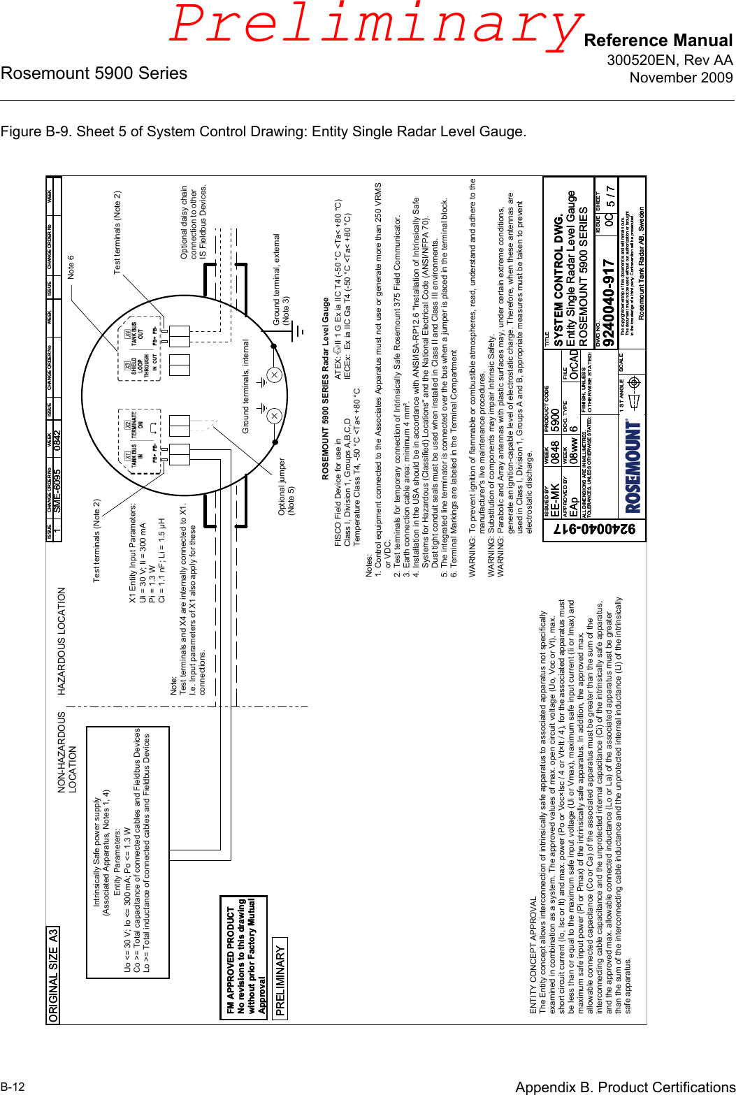 Reference Manual300520EN, Rev AANovember 2009Rosemount 5900 SeriesB-12 Appendix B. Product CertificationsFigure B-9. Sheet 5 of System Control Drawing: Entity Single Radar Level Gauge.Uo &lt;= 30 V; Io &lt;= 300 mA; Po &lt;= 1.3 WCo &gt;= Total capacitance of connected cables and Fieldbus DevicesLo &gt;= Total inductance of connected cables and Fieldbus Devices    Intrinsically Safe power supply (Associated Apparatus, Notes 1, 4)Entity Parameters:NON-HAZARDOUSLOCATIONHAZARDOUS LOCATIONENTITY CONCEPT APPROVALThe Entity concept allows interconnection of intrinsically safe apparatus to associated apparatus not specificallyexamined in combination as a system. The approved values of max. open circuit voltage (Uo, Voc or Vt), max.short circuit current (Io, Isc or It) and max. power (Po or Voc×Isc / 4 or Vt×It / 4), for the associated apparatus mustbe less than or equal to the maximum safe input voltage (Ui or Vmax), maximum safe input current (Ii or Imax) andmaximum safe input power (Pi or Pmax) of the intrinsically safe apparatus. In addition, the approved max.allowable connected capacitance (Co or Ca) of the associated apparatus must be greater than the sum of theinterconnecting cable capacitance and the unprotected internal capacitance (Ci) of the intrinsically safe apparatus,and the approved max. allowable connected inductance (Lo or La) of the associated apparatus must be greaterthan the sum of the interconnecting cable inductance and the unprotected internal inductance (Li) of the intrinsicallysafe apparatus.Ground terminal, external(Note 3)Optional jumper (Note 5)Optional daisy chain connection to other IS Fieldbus Devices.Ground terminals, internalUi = 30 V; Ii = 300 mAPi = 1.3 WCi = 1.1 nF; Li = 1.5 μHX1 Entity Input Parameters:Test terminals (Note 2)Note:Test terminals and X4 are internally connected to X1.I.e. Input parameters of X1 also apply for theseconnections.Test terminals (Note 2)Note 6FISCO Field Device for use in Class I, Division 1, Groups A,B,C,DTemperature Class T4, -50 °C &lt;Ta&lt; +80 °CROSEMOUNT 5900 SERIES Radar Level GaugeATEX:     II 1 G Ex ia IIC T4 (-50 °C &lt;Ta&lt; +80 °C) IECEx:  Ex ia IIC Ga T4 (-50 °C &lt;Ta&lt; +80 °C)Notes:1. Control equipment connected to the Associates Apparatus must not use or generate more than 250 VRMS     or VDC.2. Test terminals for temporary connection of Intrinsically Safe Rosemount 375 Field Communicator.3. Earth connection cable area: minimum 4 mm². 4. Installation in the USA should be in accordance with ANSI/ISA-RP12.6 &quot;Installation of Intrinsically Safe     Systems for Hazardous (Classified) Locations&quot; and the National Electrical Code (ANSI/NFPA 70).    Dust tight conduit seals must be used when installed in Class II and Class III environments.5. The integrated line terminator is connected over the bus when a jumper is placed in the terminal block.6. Terminal Markings are labeled in the Terminal CompartmentWARNING: To prevent ignition of flammable or combustible atmospheres, read, understand and adhere to the                   manufacturer&apos;s live maintenance procedures.WARNING: Substitution of components may impair Intrinsic Safety.WARNING: Parabolic and Array antennas with plastic surfaces may, under certain extreme conditions,                    generate an ignition-capable level of electrostatic charge. Therefore, when these antennas are                   used in Class I, Division 1, Groups A and B, appropriate measures must be taken to prevent                    electrostatic discharge.ISSUE ISSUE ISSUECHANGE ORDER No WEEK WEEK WEEKCHANGE ORDER No CHANGE ORDER No1 0842SME-6095ISSUE ISSUE ISSUECHANGE ORDER No WEEK WEEK WEEKCHANGE ORDER No CHANGE ORDER No1 0842SME-6095ISSUE ISSUE ISSUECHANGE ORDER No WEEK WEEK WEEKCHANGE ORDER No CHANGE ORDER No1 0842SME-6095PRELIMINARYPRELIMINARYPRELIMINARYORIGINAL SIZE A3ORIGINAL SIZE A3ORIGINAL SIZE A3FM APPROVED PRODUCTNo revisions to this drawingwithout prior Factory MutualApprovalFM APPROVED PRODUCTNo revisions to this drawingwithout prior Factory MutualApprovalFM APPROVED PRODUCTNo revisions to this drawingwithout prior Factory MutualApprovalISSUED BYAPPROVED BYWEEKWEEKPRODUCT CODEDOC. TYPE FILETITLEDWG NO. ISSUE SHEETSCALE1 ST ANGLEFINISH, UNLESSOTHERWISE STATED:The copyright/ownership of this document is and will remain ours.The document must not be used without our authorization or broughtto the knowledge of a third party. Contravention will be prosecuted.Rosemount Tank Radar AB, SwedenALL DIMENSIONS ARE IN MILLIMETRES.TOLERANCES, UNLESS OTHERWISE STATED:/EE-MK08ww5900EAp 6OrCAD9240040-9179240040-9170848SYSTEM CONTROL DWG.Entity Single Radar Level Gauge0C 75ROSEMOUNT 5900 SERIESISSUED BYAPPROVED BYWEEKWEEKPRODUCT CODEDOC. TYPE FILETITLEDWG NO. ISSUE SHEETSCALE1 ST ANGLEFINISH, UNLESSOTHERWISE STATED:The copyright/ownership of this document is and will remain ours.The document must not be used without our authorization or broughtto the knowledge of a third party. Contravention will be prosecuted.Rosemount Tank Radar AB, SwedenALL DIMENSIONS ARE IN MILLIMETRES.TOLERANCES, UNLESS OTHERWISE STATED:/EE-MK08ww5900EAp 6OrCAD9240040-9179240040-9170848SYSTEM CONTROL DWG.Entity Single Radar Level Gauge0C 75ROSEMOUNT 5900 SERIESISSUED BYAPPROVED BYWEEKWEEKPRODUCT CODEDOC. TYPE FILETITLEDWG NO. ISSUE SHEETSCALE1 ST ANGLEFINISH, UNLESSOTHERWISE STATED:The copyright/ownership of this document is and will remain ours.The document must not be used without our authorization or broughtto the knowledge of a third party. Contravention will be prosecuted.Rosemount Tank Radar AB, SwedenALL DIMENSIONS ARE IN MILLIMETRES.TOLERANCES, UNLESS OTHERWISE STATED:/EE-MK08ww5900EAp 6OrCAD9240040-9179240040-9170848SYSTEM CONTROL DWG.Entity Single Radar Level Gauge0C 75ROSEMOUNT 5900 SERIESPreliminary