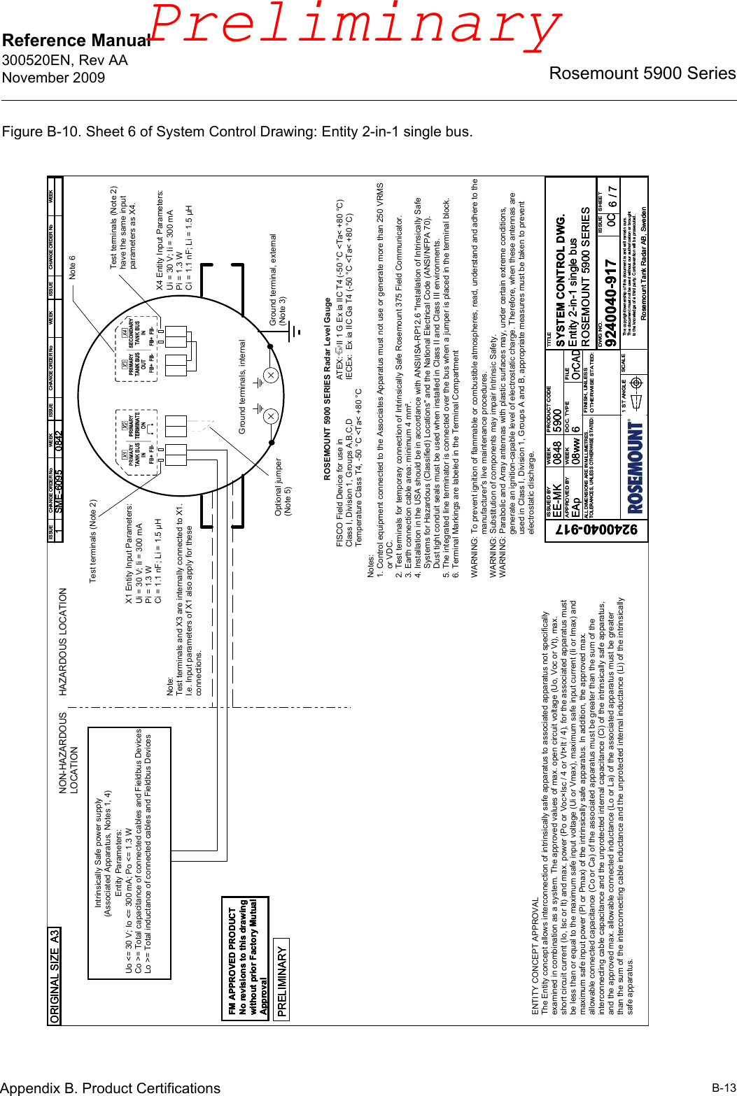 Reference Manual 300520EN, Rev AANovember 2009B-13Rosemount 5900 SeriesAppendix B. Product CertificationsFigure B-10. Sheet 6 of System Control Drawing: Entity 2-in-1 single bus.NON-HAZARDOUSLOCATIONHAZARDOUS LOCATIONENTITY CONCEPT APPROVALThe Entity concept allows interconnection of intrinsically safe apparatus to associated apparatus not specificallyexamined in combination as a system. The approved values of max. open circuit voltage (Uo, Voc or Vt), max.short circuit current (Io, Isc or It) and max. power (Po or Voc×Isc / 4 or Vt×It / 4), for the associated apparatus mustbe less than or equal to the maximum safe input voltage (Ui or Vmax), maximum safe input current (Ii or Imax) andmaximum safe input power (Pi or Pmax) of the intrinsically safe apparatus. In addition, the approved max.allowable connected capacitance (Co or Ca) of the associated apparatus must be greater than the sum of theinterconnecting cable capacitance and the unprotected internal capacitance (Ci) of the intrinsically safe apparatus,and the approved max. allowable connected inductance (Lo or La) of the associated apparatus must be greaterthan the sum of the interconnecting cable inductance and the unprotected internal inductance (Li) of the intrinsicallysafe apparatus.Uo &lt;= 30 V; Io &lt;= 300 mA; Po &lt;= 1.3 WCo &gt;= Total capacitance of connected cables and Fieldbus DevicesLo &gt;= Total inductance of connected cables and Fieldbus Devices    Intrinsically Safe power supply (Associated Apparatus, Notes 1, 4)Entity Parameters:Ground terminal, external(Note 3)Optional jumper (Note 5)Ground terminals, internalTest terminals (Note 2)Note:Test terminals and X3 are internally connected to X1.I.e. Input parameters of X1 also apply for theseconnections.Note 6Ui = 30 V; Ii = 300 mAPi = 1.3 WCi = 1.1 nF; Li = 1.5 μHX1 Entity Input Parameters:X4 Entity Input Parameters:Test terminals (Note 2)have the same inputparameters as X4.Ui = 30 V; Ii = 300 mAPi = 1.3 WCi = 1.1 nF; Li = 1.5 μHFISCO Field Device for use in Class I, Division 1, Groups A,B,C,DTemperature Class T4, -50 °C &lt;Ta&lt; +80 °CROSEMOUNT 5900 SERIES Radar Level GaugeATEX:     II 1 G Ex ia IIC T4 (-50 °C &lt;Ta&lt; +80 °C) IECEx:  Ex ia IIC Ga T4 (-50 °C &lt;Ta&lt; +80 °C)Notes:1. Control equipment connected to the Associates Apparatus must not use or generate more than 250 VRMS     or VDC.2. Test terminals for temporary connection of Intrinsically Safe Rosemount 375 Field Communicator.3. Earth connection cable area: minimum 4 mm². 4. Installation in the USA should be in accordance with ANSI/ISA-RP12.6 &quot;Installation of Intrinsically Safe     Systems for Hazardous (Classified) Locations&quot; and the National Electrical Code (ANSI/NFPA 70).    Dust tight conduit seals must be used when installed in Class II and Class III environments.5. The integrated line terminator is connected over the bus when a jumper is placed in the terminal block.6. Terminal Markings are labeled in the Terminal CompartmentWARNING: To prevent ignition of flammable or combustible atmospheres, read, understand and adhere to the                   manufacturer&apos;s live maintenance procedures.WARNING: Substitution of components may impair Intrinsic Safety.WARNING: Parabolic and Array antennas with plastic surfaces may, under certain extreme conditions,                    generate an ignition-capable level of electrostatic charge. Therefore, when these antennas are                   used in Class I, Division 1, Groups A and B, appropriate measures must be taken to prevent                    electrostatic discharge.ISSUE ISSUE ISSUECHANGE ORDER No WEEK WEEK WEEKCHANGE ORDER No CHANGE ORDER No1 0842SME-6095ISSUE ISSUE ISSUECHANGE ORDER No WEEK WEEK WEEKCHANGE ORDER No CHANGE ORDER No1 0842SME-6095ISSUE ISSUE ISSUECHANGE ORDER No WEEK WEEK WEEKCHANGE ORDER No CHANGE ORDER No1 0842SME-6095ORIGINAL SIZE A3ORIGINAL SIZE A3ORIGINAL SIZE A3ISSUED BYAPPROVED BYWEEKWEEKPRODUCT CODEDOC. TYPE FILETITLEDWG NO. ISSUE SHEETSCALE1 ST ANGLEFINISH, UNLESSOTHERWISE STATED:The copyright/ownership of this document is and will remain ours.The document must not be used without our authorization or broughtto the knowledge of a third party. Contravention will be prosecuted.Rosemount Tank Radar AB, SwedenALL DIMENSIONS ARE IN MILLIMETRES.TOLERANCES, UNLESS OTHERWISE STATED:/EE-MK08ww5900EAp 6OrCAD9240040-9179240040-9170848SYSTEM CONTROL DWG.Entity 2-in-1 single bus0C 76ROSEMOUNT 5900 SERIESISSUED BYAPPROVED BYWEEKWEEKPRODUCT CODEDOC. TYPE FILETITLEDWG NO. ISSUE SHEETSCALE1 ST ANGLEFINISH, UNLESSOTHERWISE STATED:The copyright/ownership of this document is and will remain ours.The document must not be used without our authorization or broughtto the knowledge of a third party. Contravention will be prosecuted.Rosemount Tank Radar AB, SwedenALL DIMENSIONS ARE IN MILLIMETRES.TOLERANCES, UNLESS OTHERWISE STATED:/EE-MK08ww5900EAp 6OrCAD9240040-9179240040-9170848SYSTEM CONTROL DWG.Entity 2-in-1 single bus0C 76ROSEMOUNT 5900 SERIESISSUED BYAPPROVED BYWEEKWEEKPRODUCT CODEDOC. TYPE FILETITLEDWG NO. ISSUE SHEETSCALE1 ST ANGLEFINISH, UNLESSOTHERWISE STATED:The copyright/ownership of this document is and will remain ours.The document must not be used without our authorization or broughtto the knowledge of a third party. Contravention will be prosecuted.Rosemount Tank Radar AB, SwedenALL DIMENSIONS ARE IN MILLIMETRES.TOLERANCES, UNLESS OTHERWISE STATED:/EE-MK08ww5900EAp 6OrCAD9240040-9179240040-9170848SYSTEM CONTROL DWG.Entity 2-in-1 single bus0C 76ROSEMOUNT 5900 SERIESPRELIMINARYPRELIMINARYPRELIMINARYFM APPROVED PRODUCTNo revisions to this drawingwithout prior Factory MutualApprovalFM APPROVED PRODUCTNo revisions to this drawingwithout prior Factory MutualApprovalFM APPROVED PRODUCTNo revisions to this drawingwithout prior Factory MutualApprovalPreliminary