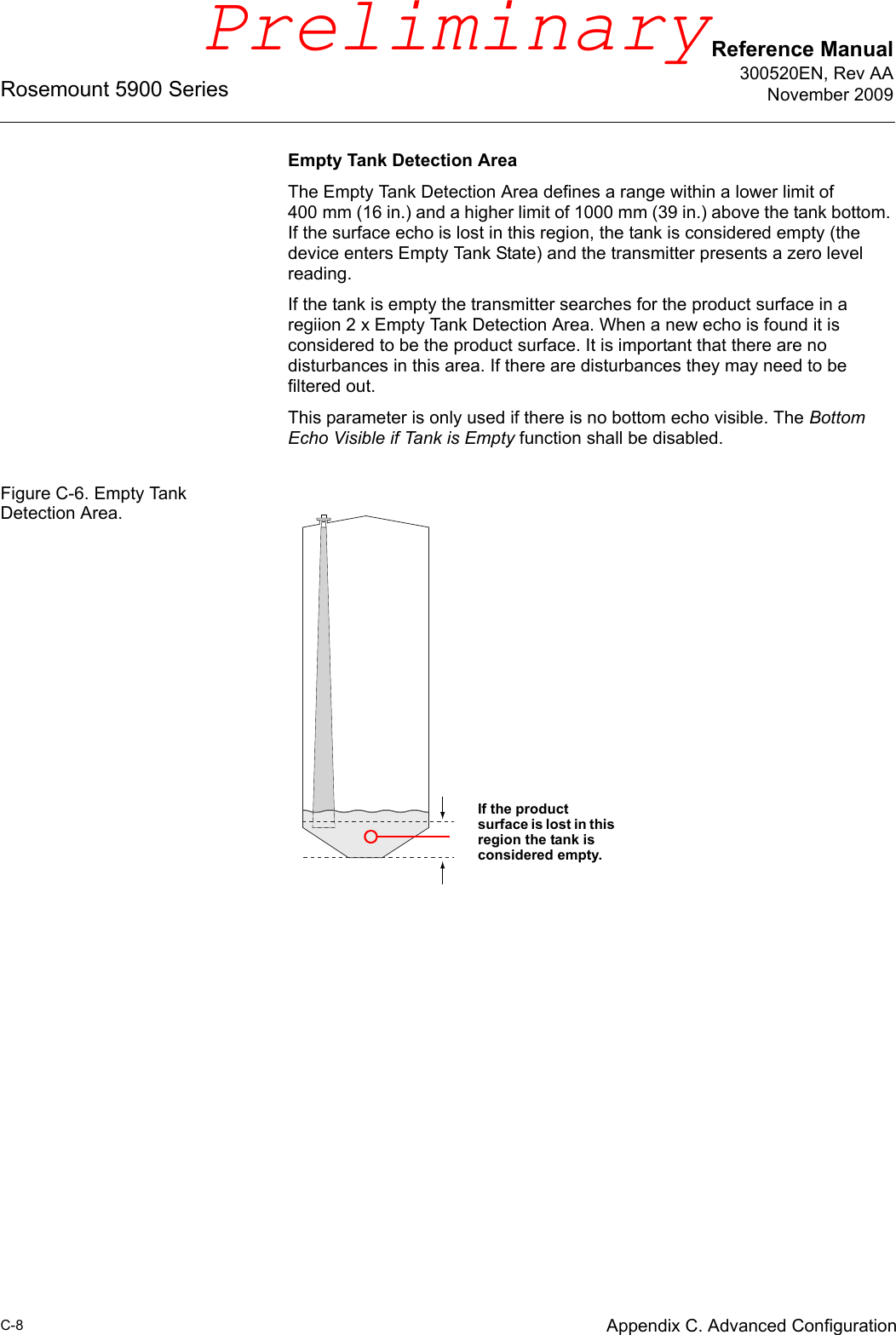 Reference Manual300520EN, Rev AANovember 2009Rosemount 5900 SeriesC-8 Appendix C. Advanced ConfigurationEmpty Tank Detection AreaThe Empty Tank Detection Area defines a range within a lower limit of 400 mm (16 in.) and a higher limit of 1000 mm (39 in.) above the tank bottom. If the surface echo is lost in this region, the tank is considered empty (the device enters Empty Tank State) and the transmitter presents a zero level reading. If the tank is empty the transmitter searches for the product surface in a regiion 2 x Empty Tank Detection Area. When a new echo is found it is considered to be the product surface. It is important that there are no disturbances in this area. If there are disturbances they may need to be filtered out.This parameter is only used if there is no bottom echo visible. The Bottom Echo Visible if Tank is Empty function shall be disabled.Figure C-6. Empty Tank Detection Area.If the product surface is lost in this region the tank is considered empty.Preliminary