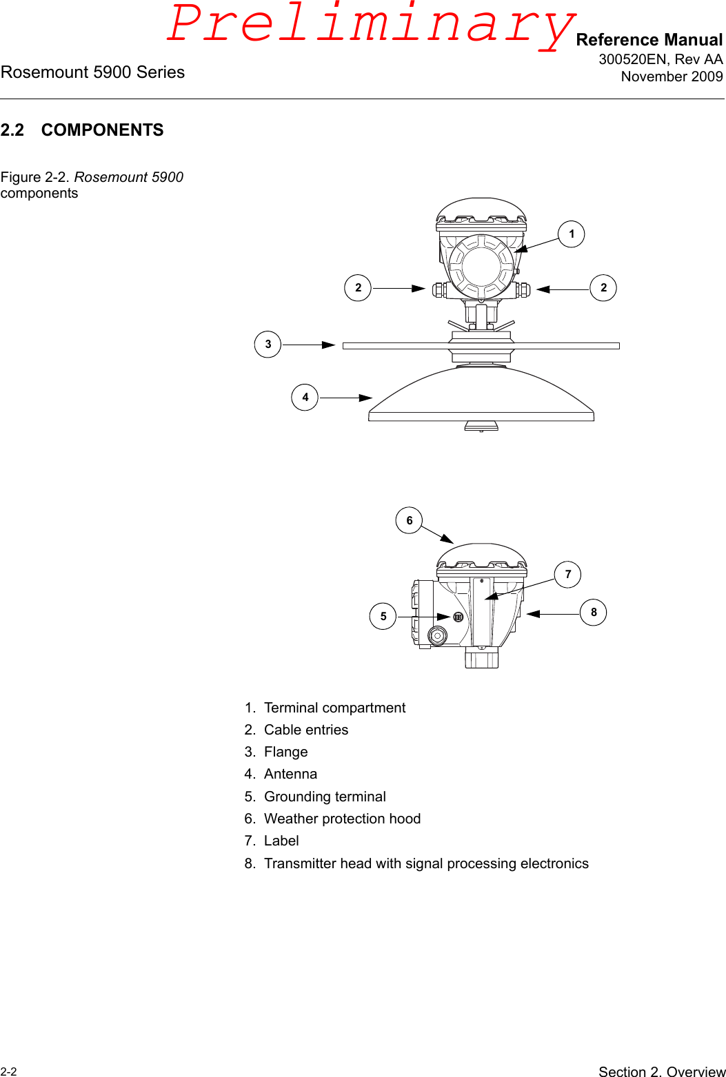 Reference Manual300520EN, Rev AANovember 2009Rosemount 5900 Series2-2 Section 2. Overview2.2 COMPONENTSFigure 2-2. Rosemount 5900 components1. Terminal compartment2. Cable entries3. Flange4. Antenna5. Grounding terminal6. Weather protection hood7. Label8. Transmitter head with signal processing electronics221465837Preliminary