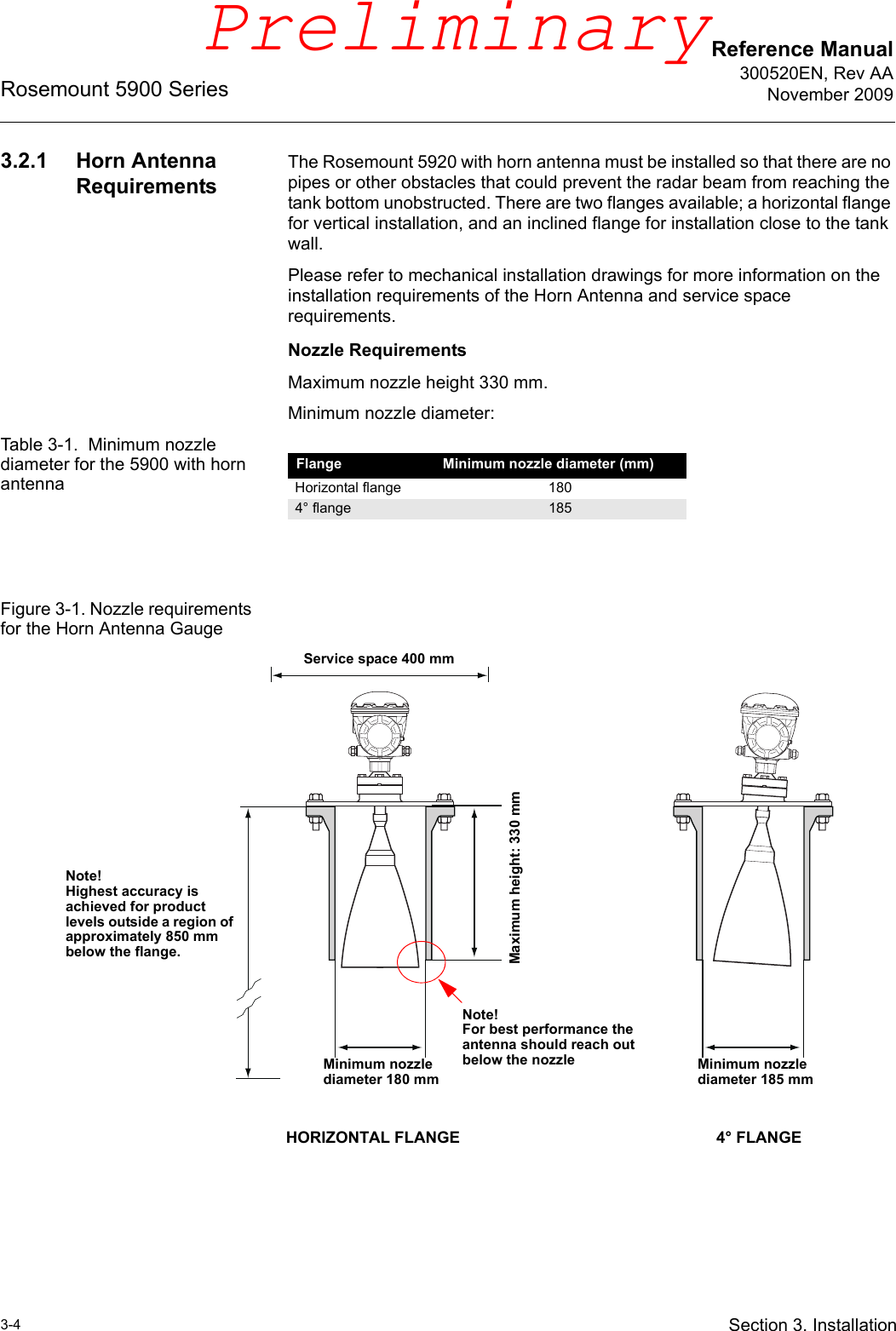 Reference Manual300520EN, Rev AANovember 2009Rosemount 5900 Series3-4 Section 3. Installation3.2.1 Horn Antenna RequirementsThe Rosemount 5920 with horn antenna must be installed so that there are no pipes or other obstacles that could prevent the radar beam from reaching the tank bottom unobstructed. There are two flanges available; a horizontal flange for vertical installation, and an inclined flange for installation close to the tank wall.Please refer to mechanical installation drawings for more information on the installation requirements of the Horn Antenna and service space requirements.Nozzle RequirementsMaximum nozzle height 330 mm.Minimum nozzle diameter:Table 3-1.  Minimum nozzle diameter for the 5900 with horn antennaFigure 3-1. Nozzle requirements for the Horn Antenna GaugeFlange Minimum nozzle diameter (mm)Horizontal flange 1804° flange 185Maximum height: 330 mmNote!For best performance the antenna should reach out below the nozzleMinimum nozzle diameter 180 mmNote!Highest accuracy is achieved for product levels outside a region of approximately 850 mm below the flange.Service space 400 mmMinimum nozzle diameter 185 mmHORIZONTAL FLANGE 4° FLANGEPreliminary