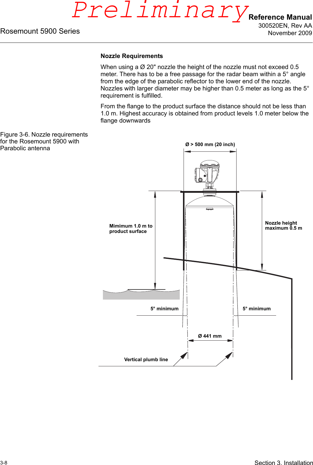 Reference Manual300520EN, Rev AANovember 2009Rosemount 5900 Series3-8 Section 3. InstallationNozzle RequirementsWhen using a Ø 20&quot; nozzle the height of the nozzle must not exceed 0.5 meter. There has to be a free passage for the radar beam within a 5° angle from the edge of the parabolic reflector to the lower end of the nozzle. Nozzles with larger diameter may be higher than 0.5 meter as long as the 5° requirement is fulfilled.From the flange to the product surface the distance should not be less than 1.0 m. Highest accuracy is obtained from product levels 1.0 meter below the flange downwardsFigure 3-6. Nozzle requirements for the Rosemount 5900 with Parabolic antennaØ &gt; 500 mm (20 inch)Mimimum 1.0 m to product surfaceNozzle height maximum 0.5 m5° minimum5° minimumØ 441 mmVertical plumb linePreliminary