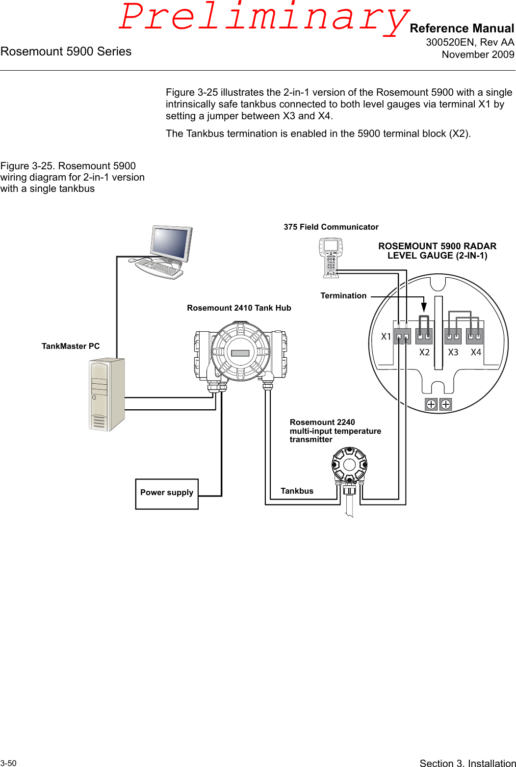 Reference Manual300520EN, Rev AANovember 2009Rosemount 5900 Series3-50 Section 3. InstallationFigure 3-25 illustrates the 2-in-1 version of the Rosemount 5900 with a single intrinsically safe tankbus connected to both level gauges via terminal X1 by setting a jumper between X3 and X4. The Tankbus termination is enabled in the 5900 terminal block (X2).Figure 3-25. Rosemount 5900 wiring diagram for 2-in-1 version with a single tankbus TankMaster PCTankbusRosemount 2240 multi-input temperature transmitterRosemount 2410 Tank HubPower supply375 Field CommunicatorROSEMOUNT 5900 RADAR LEVEL GAUGE (2-IN-1)TerminationPreliminary