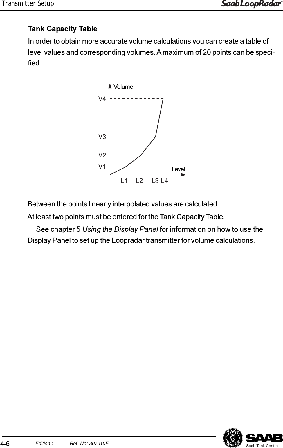 4-6Edition 1. Ref. No: 307010ETransmitter SetupTank Capacity TableIn order to obtain more accurate volume calculations you can create a table oflevel values and corresponding volumes. A maximum of 20 points can be speci-fied.L1 L2 L3 L4V2V1V3V4VolumeLevelBetween the points linearly interpolated values are calculated.At least two points must be entered for the Tank Capacity Table.See chapter 5 Using the Display Panel for information on how to use theDisplay Panel to set up the Loopradar transmitter for volume calculations.